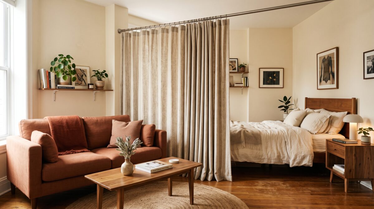 Studio apartment divided by a floor-length curtain on a wall-to-wall tension rod, bed behind and living area in front