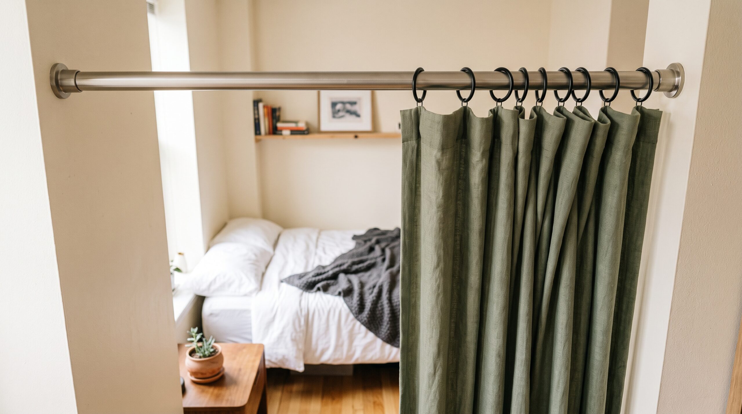 Heavy-duty tension rod spanning a studio wall to wall holding a gathered curtain on ring clips