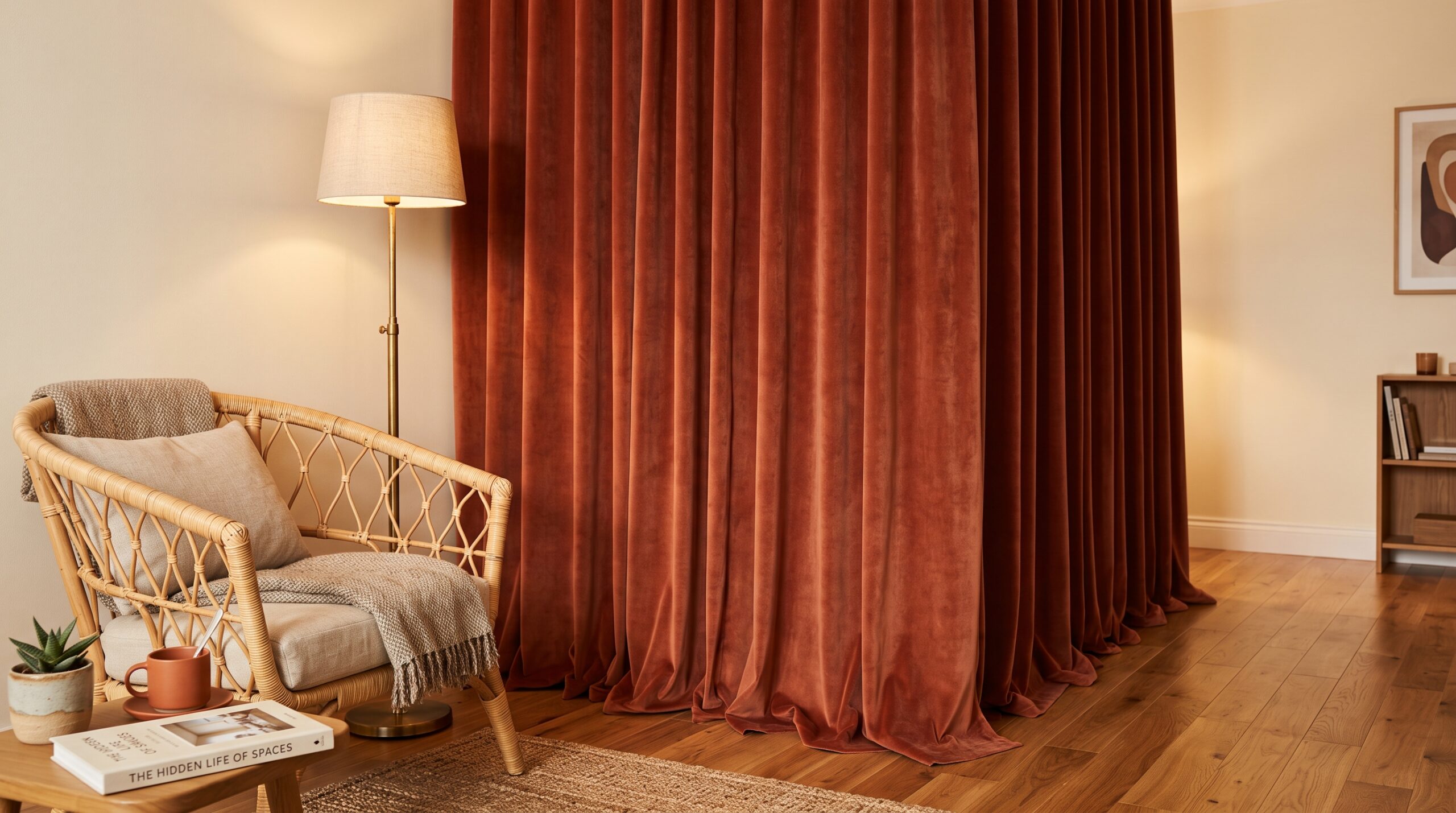 Thick floor-length velvet curtain panel drawn closed as a soft room divider wall