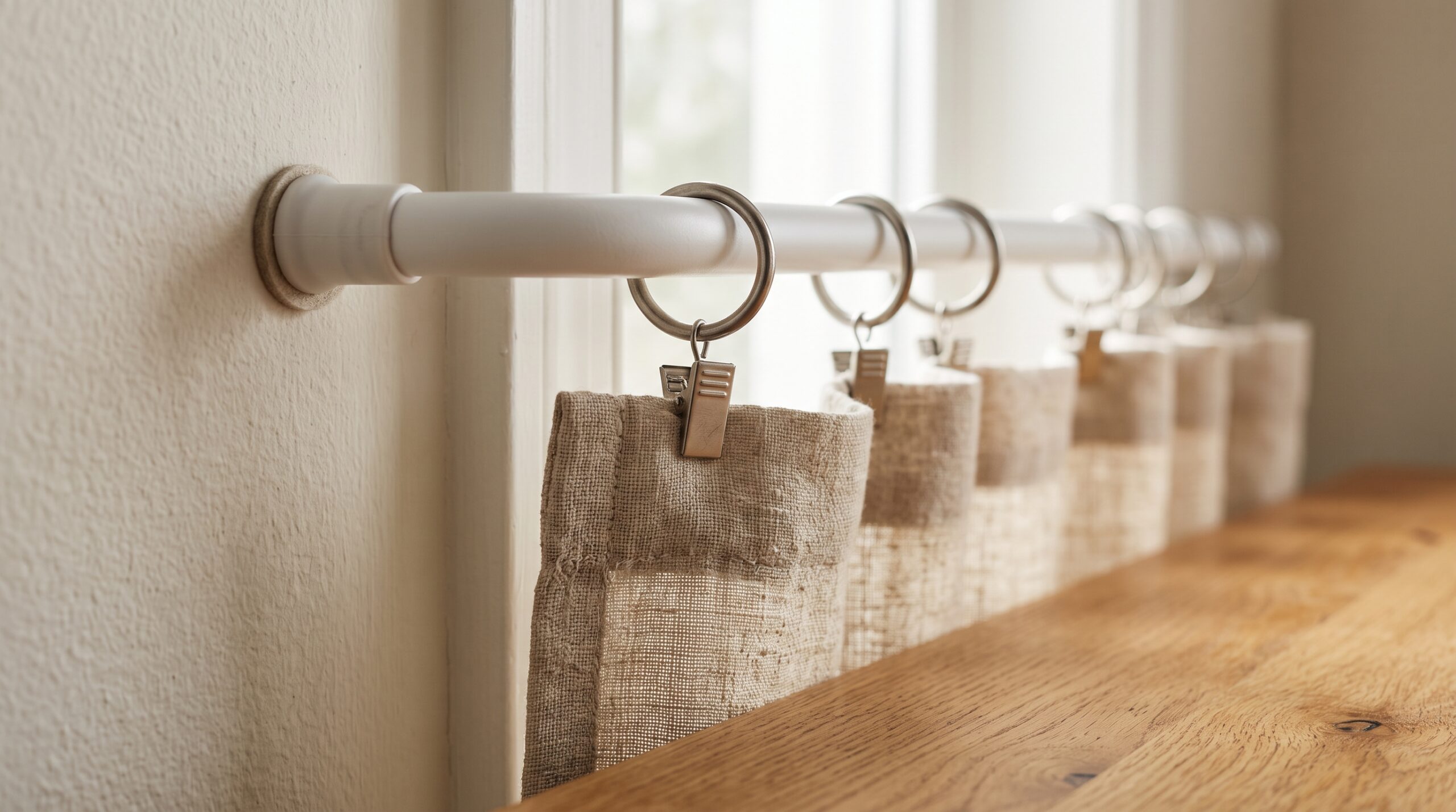 No-drill curtain hardware: metal ring clips on a tension rod and a rubber-tipped rod end against the wall