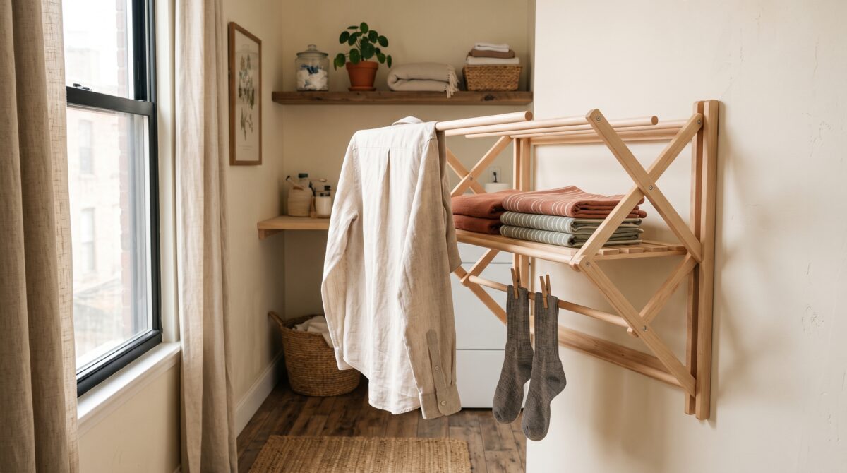 Wall-mounted wooden accordion folding drying rack folded out with laundry air-drying in a small apartment laundry nook