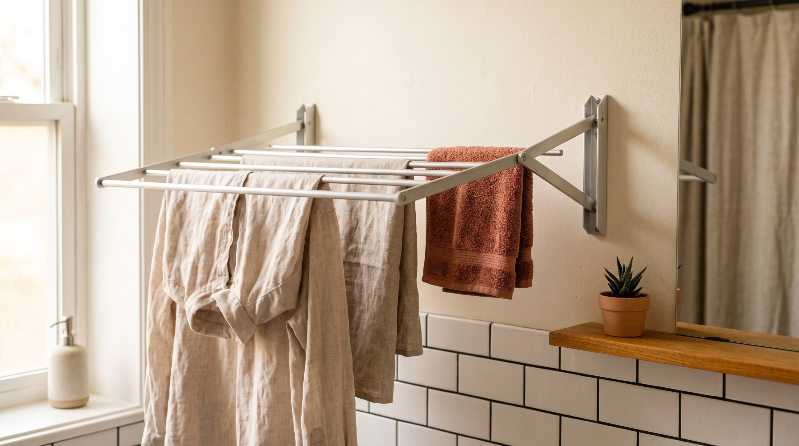Metal gullwing wall-mounted folding drying rack extended over a bathtub in a small apartment bathroom