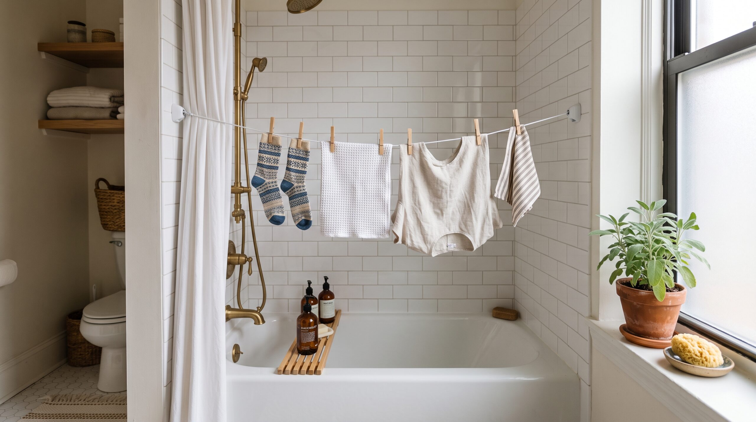 Retractable wall-to-wall clothesline strung over a bathtub with socks and towels drying in a small bathroom