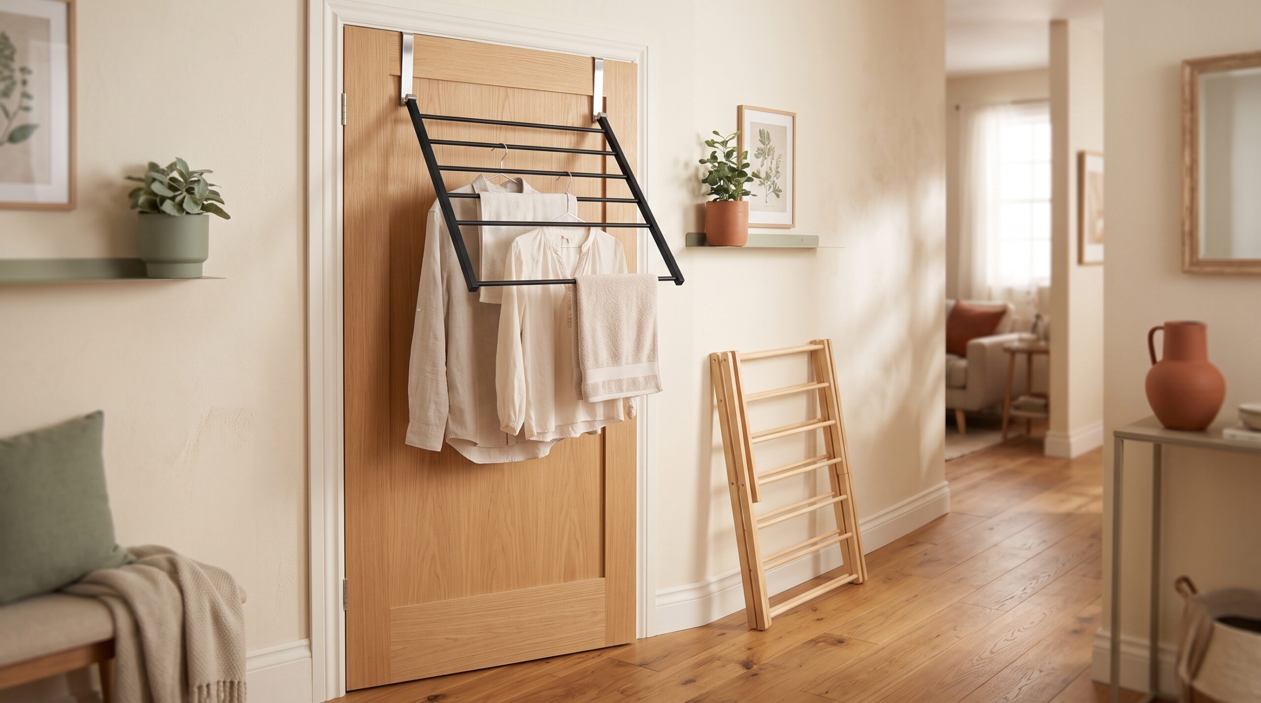 Over-the-door folding drying rack and a fold-flat freestanding airer in a small apartment hallway