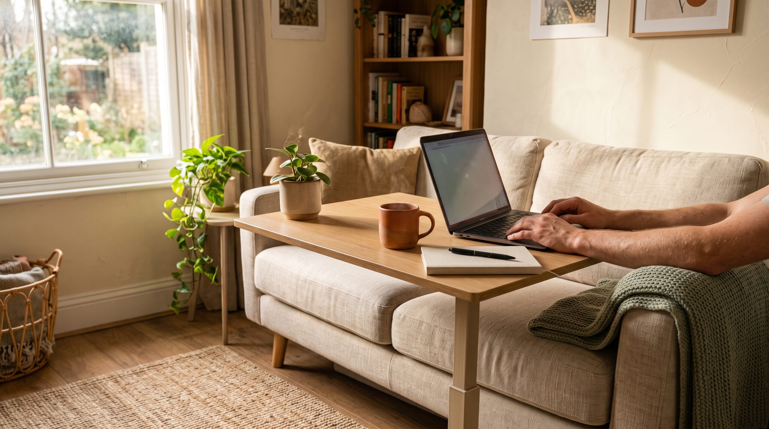 Small living room lift-top storage coffee table raised to laptop height in front of a sofa