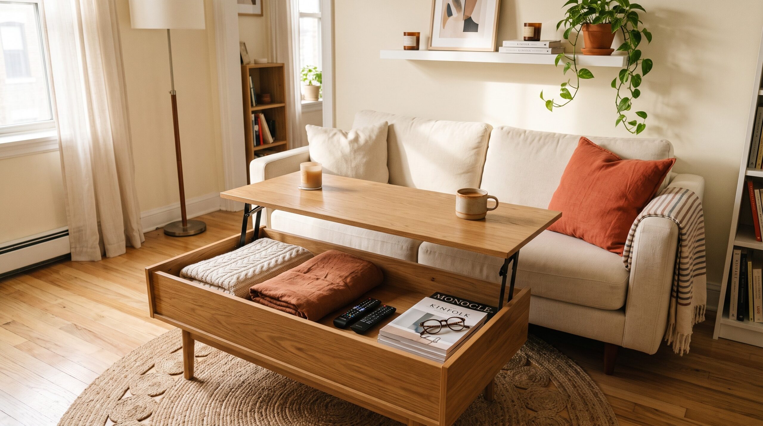 Rectangular lift-top storage coffee table open showing folded blankets and remotes stored inside, in a small living room