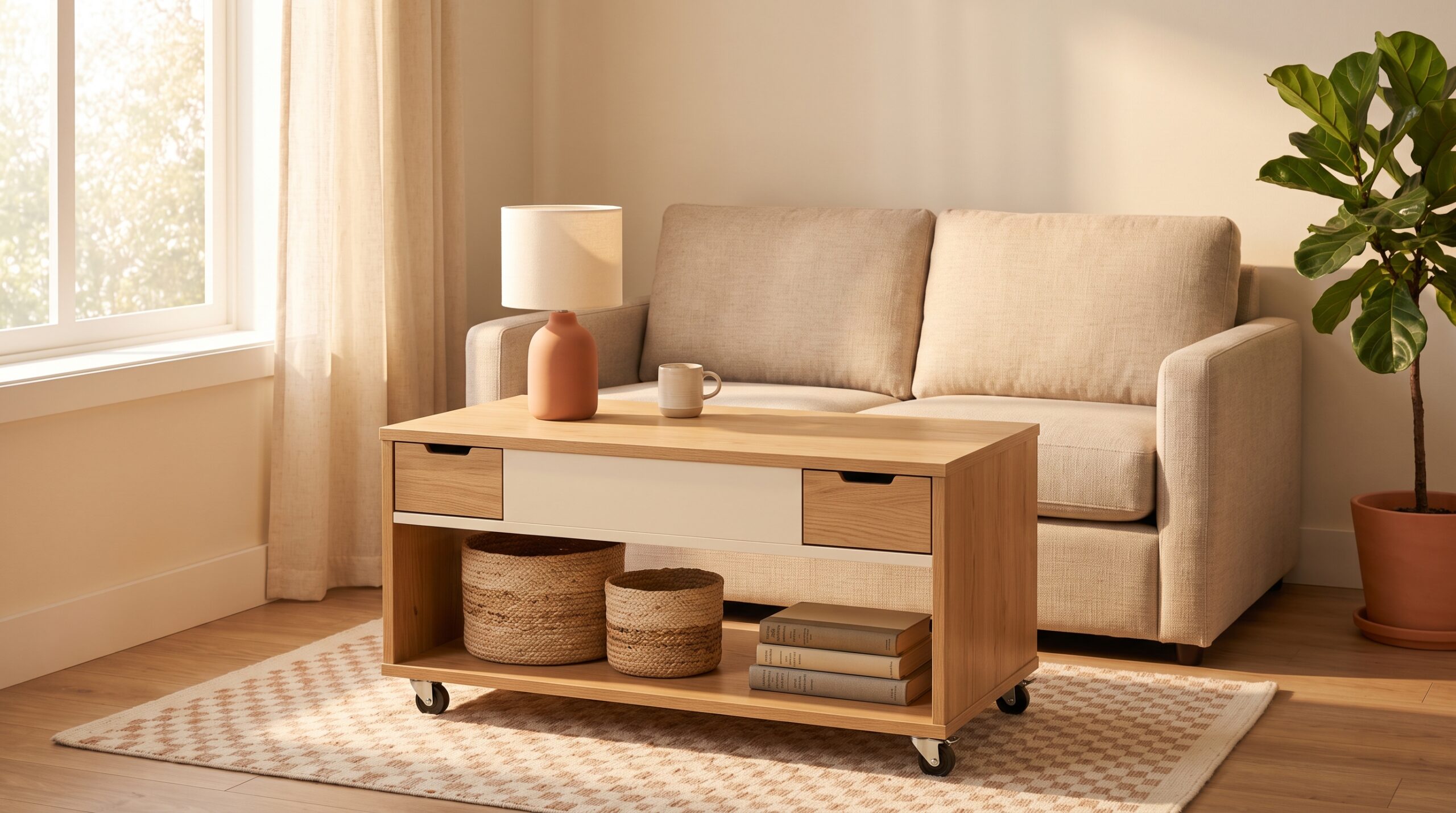 Lift-top coffee table with side drawers, casters, and an open lower shelf holding baskets in a small living room