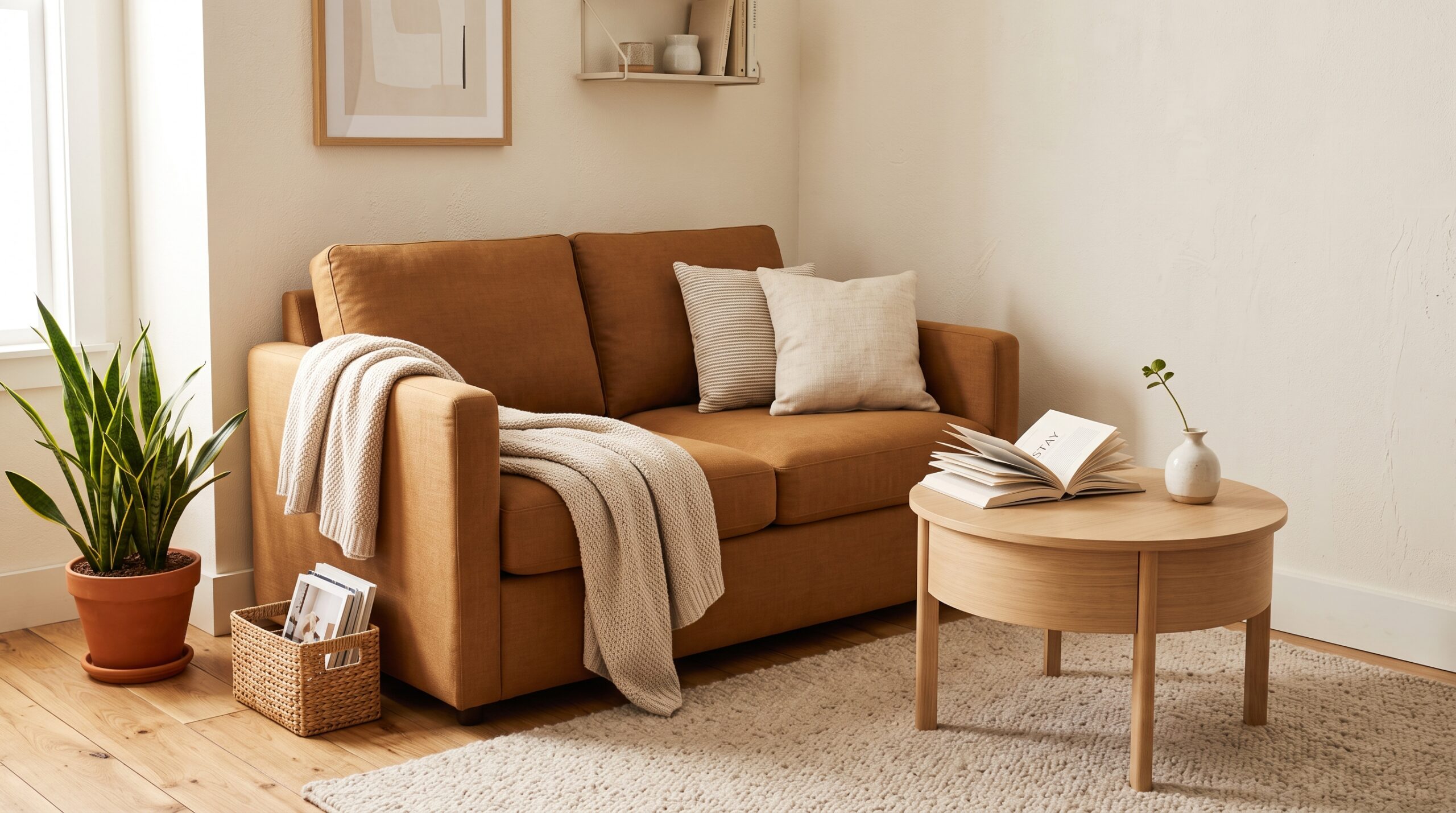 Compact round lift-top storage coffee table beside a small loveseat in a tight living room