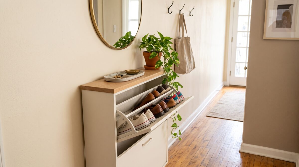 Slim tilt-out shoe cabinet flush against the wall of a narrow apartment entryway hallway