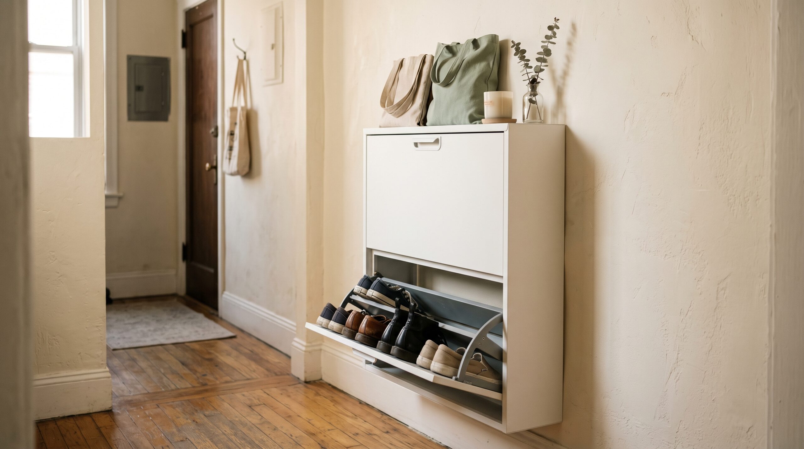 Ultra-slim white tilt-out shoe cabinet with a drawer angled open showing shoes on a slant in a tight hallway