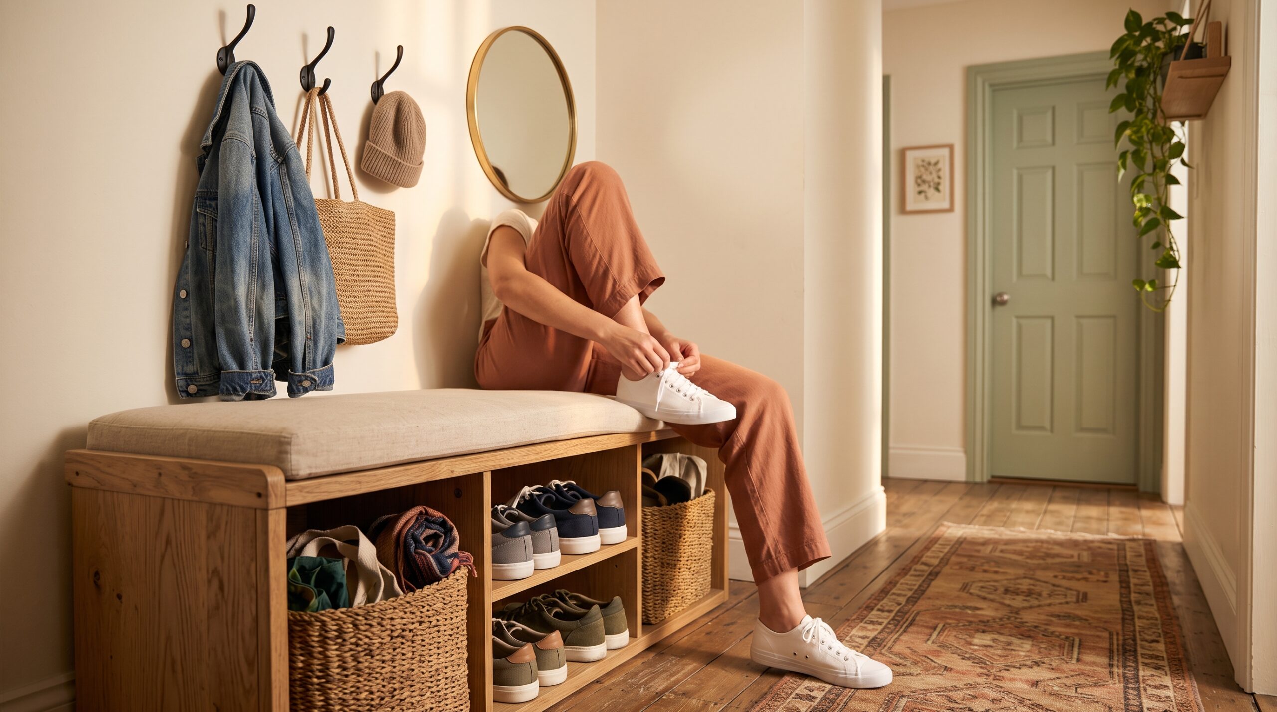 Compact upholstered entryway shoe bench with storage cubbies, a person lacing up a shoe