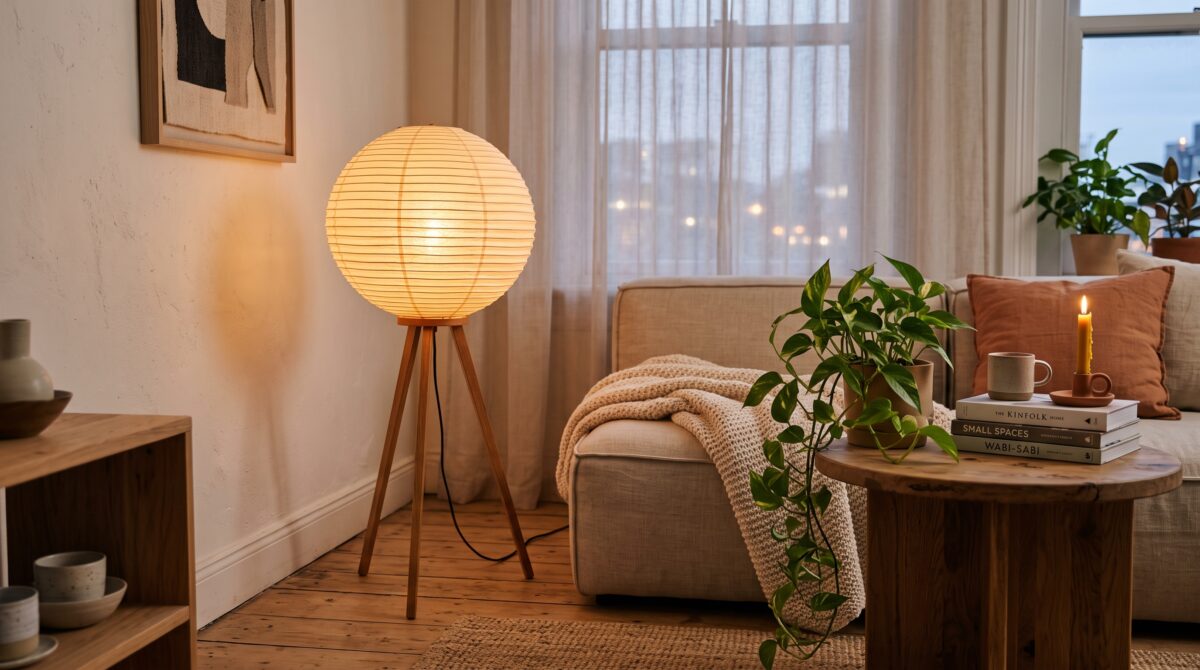 Rice paper globe lantern floor lamp glowing in a cozy small apartment corner at dusk