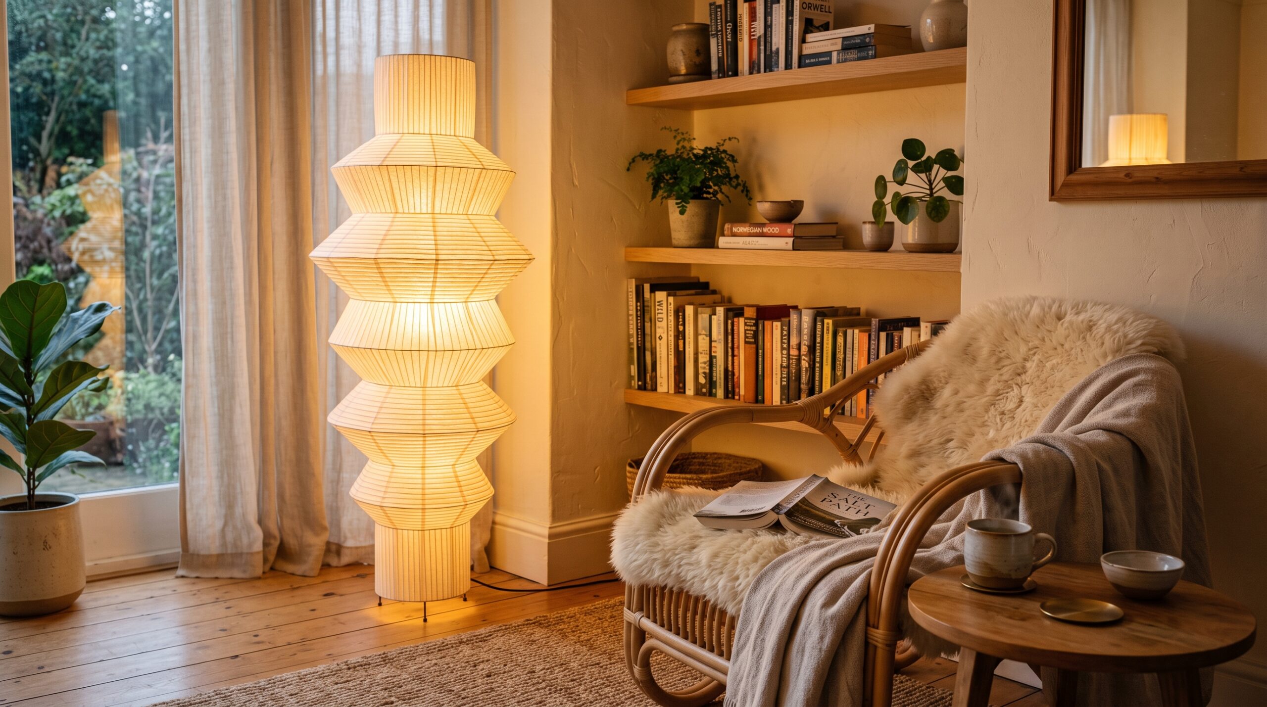 Modern pleated tiered rice paper floor lamp glowing in a small apartment reading nook corner
