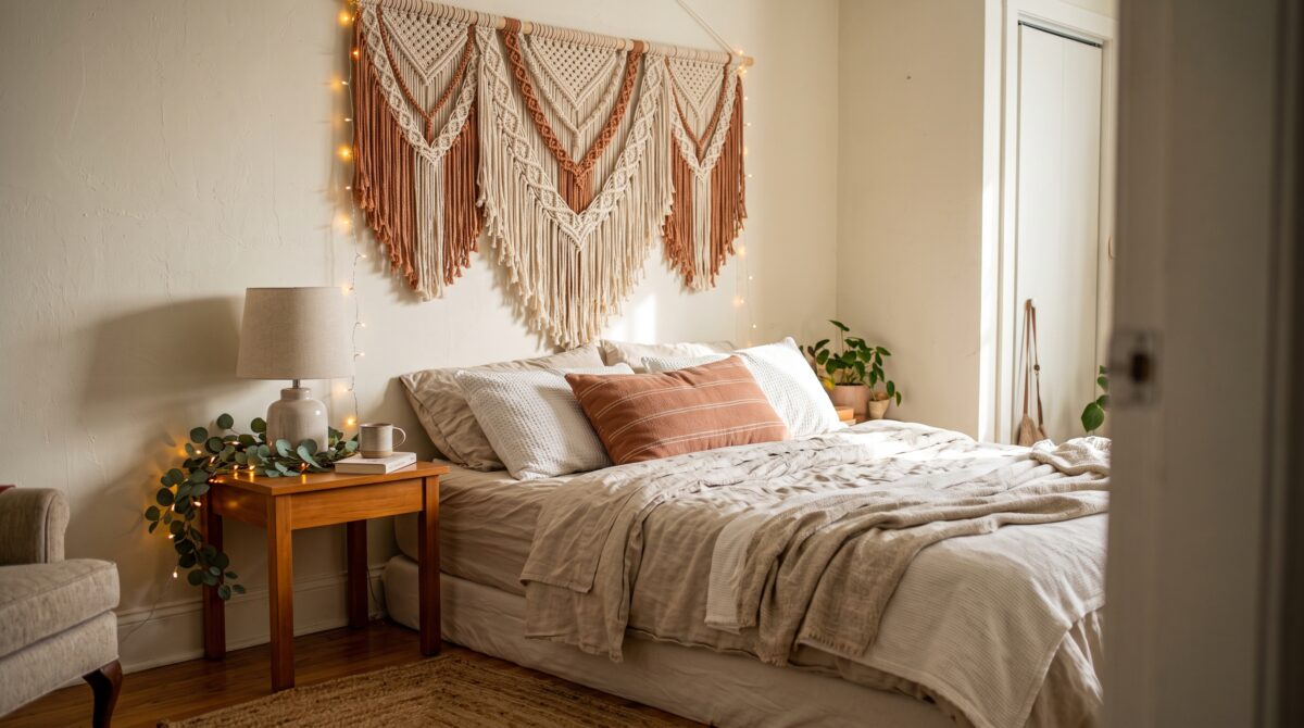 Boho macrame fabric wall hanging used as a no-drill faux headboard behind a bed in a small rental bedroom