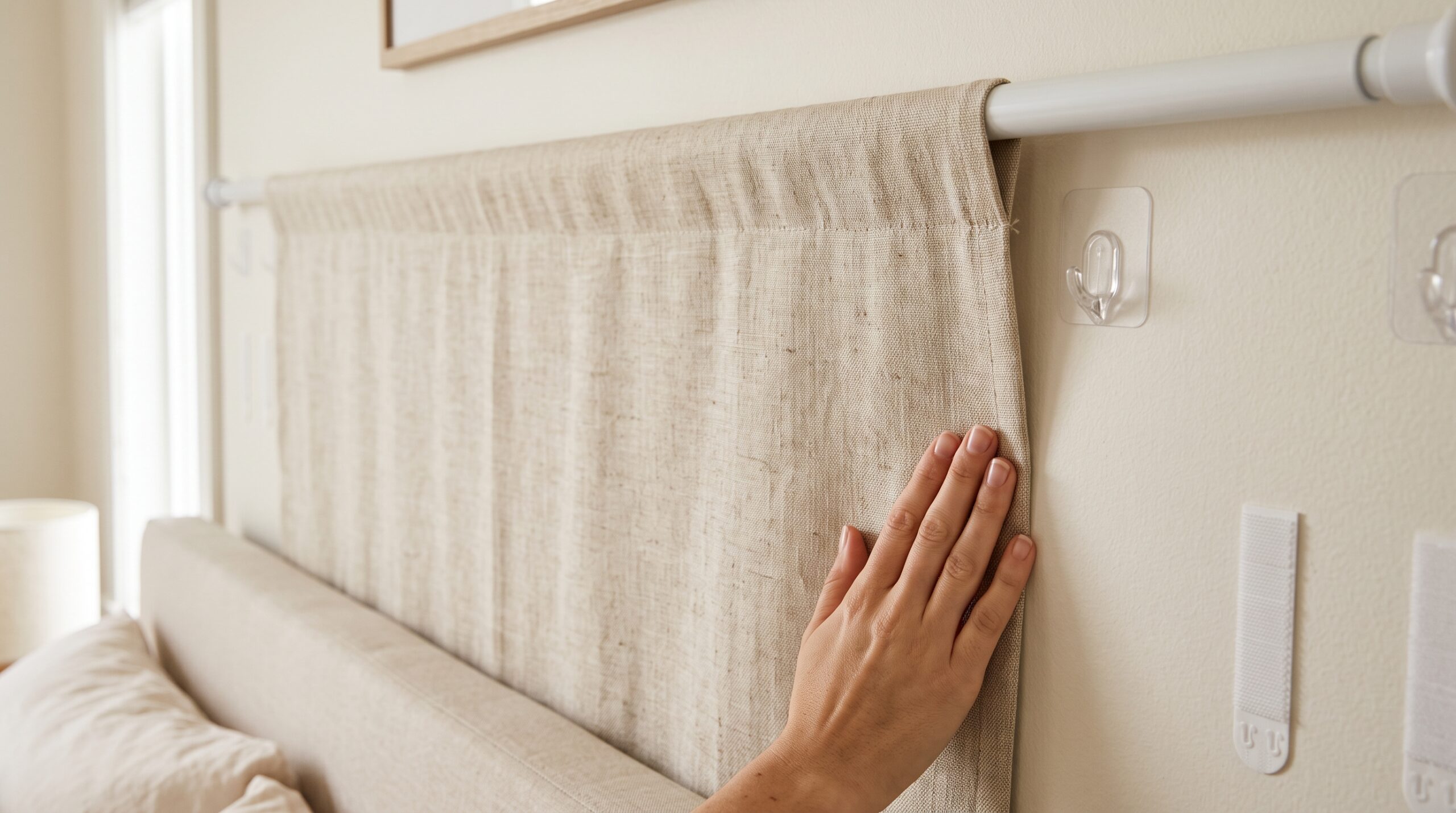 No-drill tension rod, adhesive hooks and picture-hanging strips for hanging a fabric wall hanging