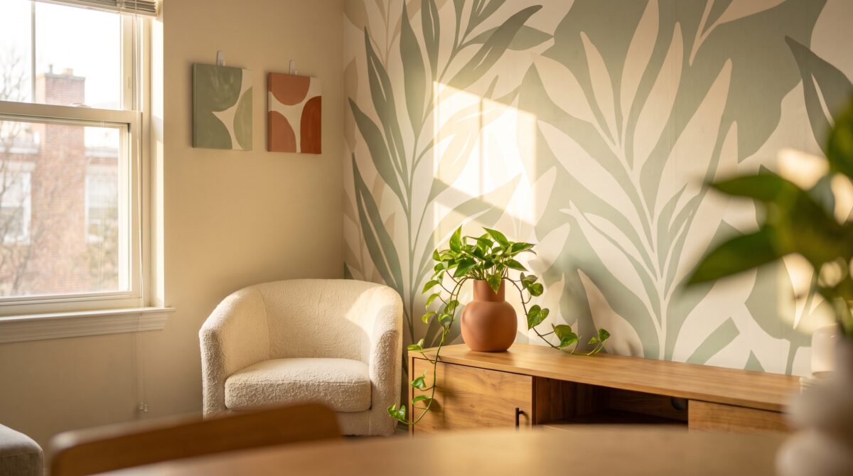 Small rental corner with a peel-and-stick botanical mural and a strip-hung framed canvas cluster