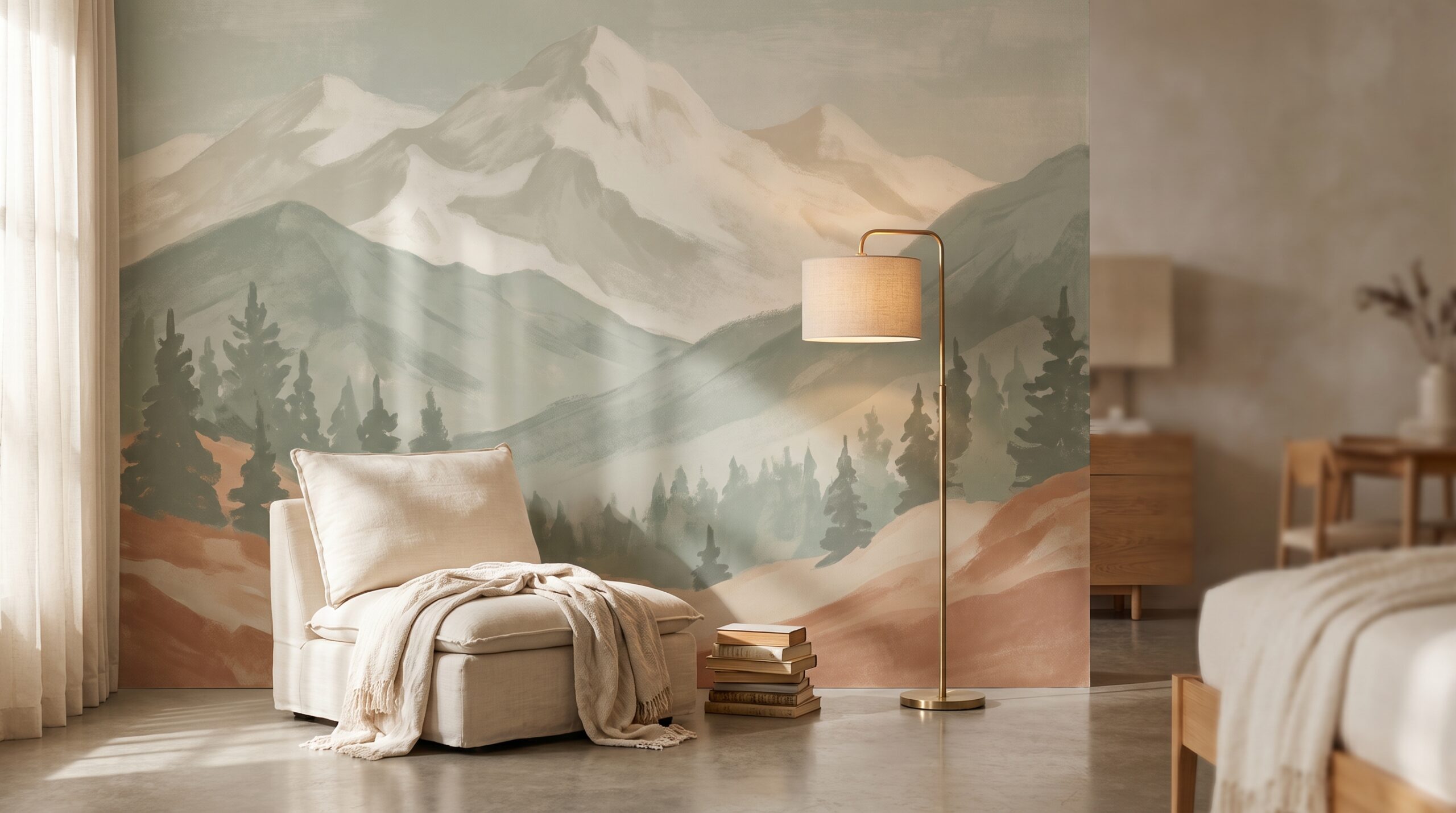 Large peel-and-stick landscape wall mural anchoring a small rental bedroom wall