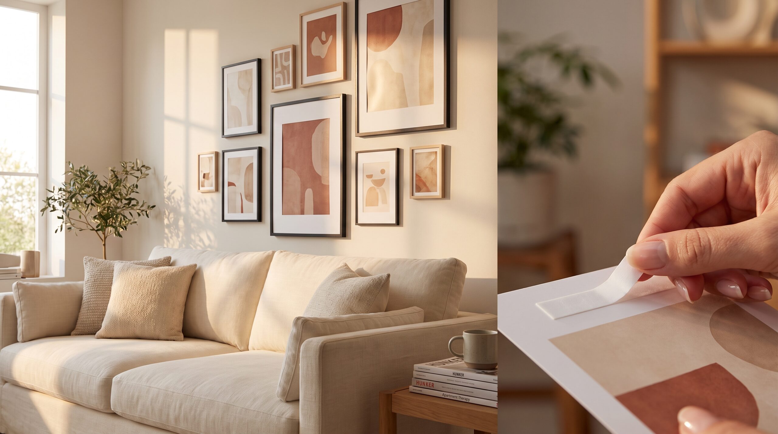 Framed canvas and poster gallery wall hung with damage-free adhesive strips above a small sofa