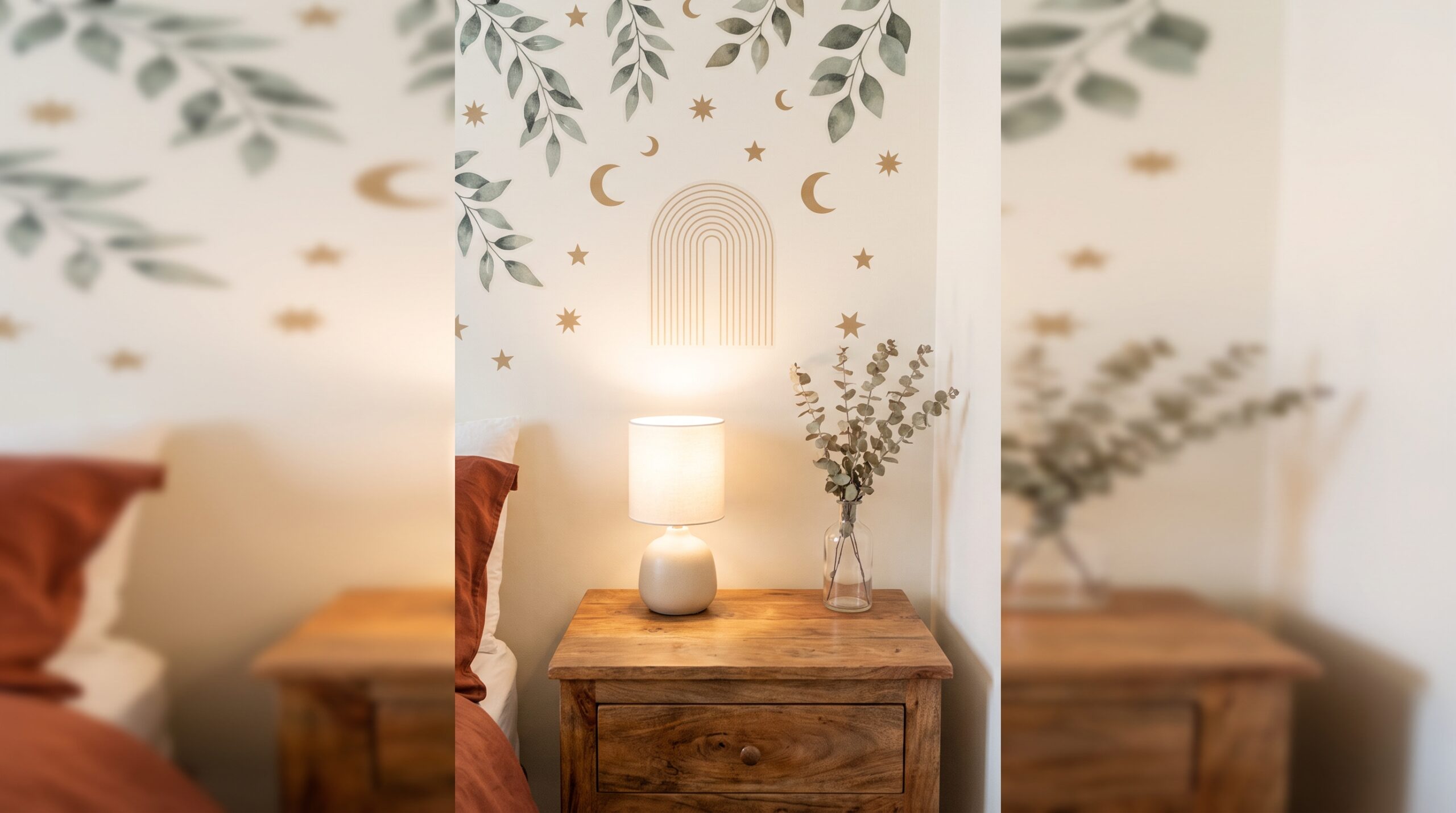 Eucalyptus botanical and gold celestial removable wall decals styled above a nightstand