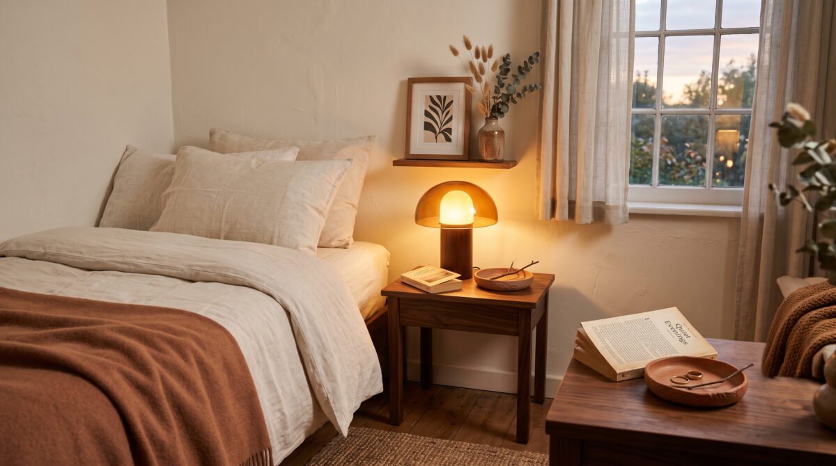 Lit glass mushroom lamp glowing warm on a small wood nightstand beside a bed