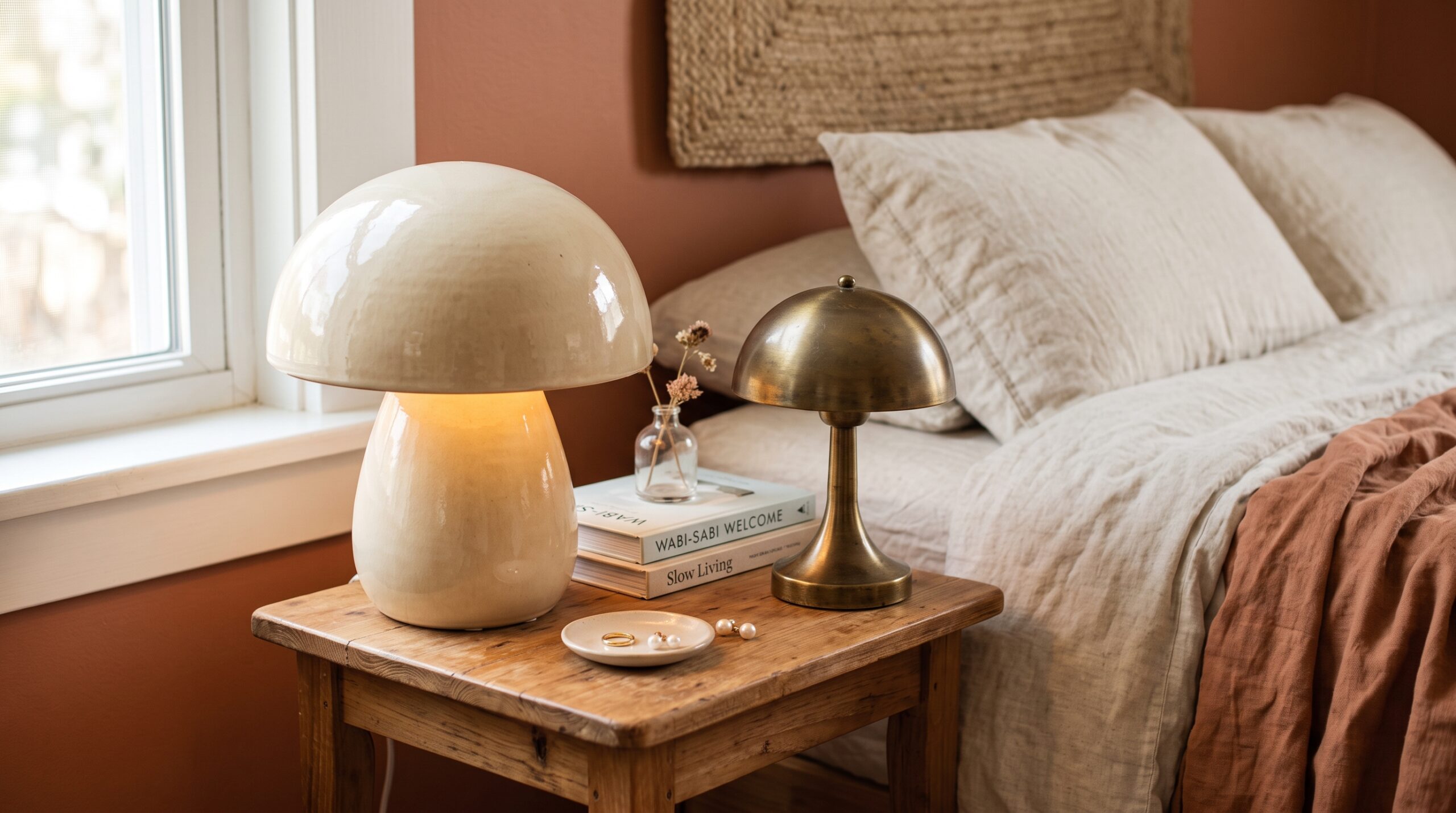 Cream ceramic mushroom lamp and aged brass metal mushroom lamp on a small bedroom nightstand