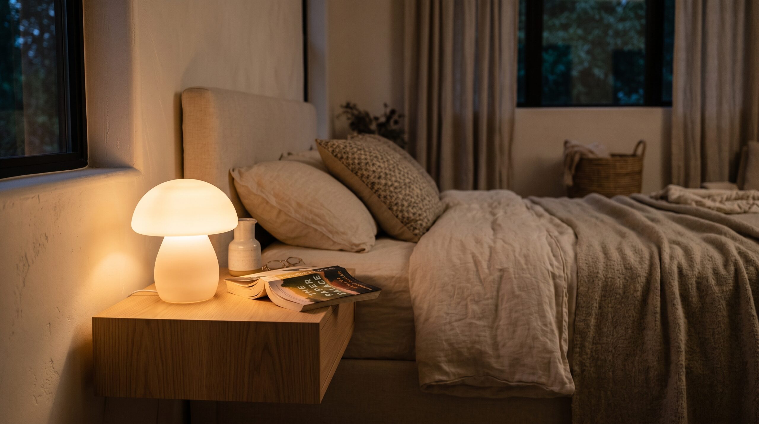 Cordless milk glass mushroom lamp glowing on a floating nightstand beside a bed at night
