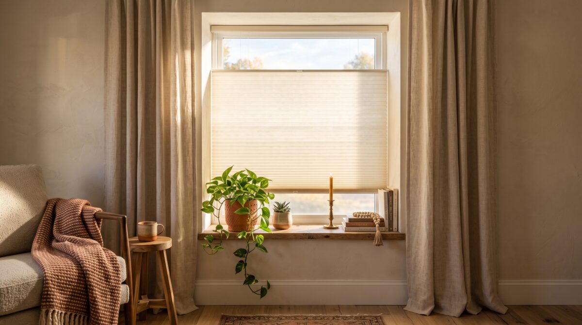 Cordless cream honeycomb cellular shade tension-mounted inside a small apartment window