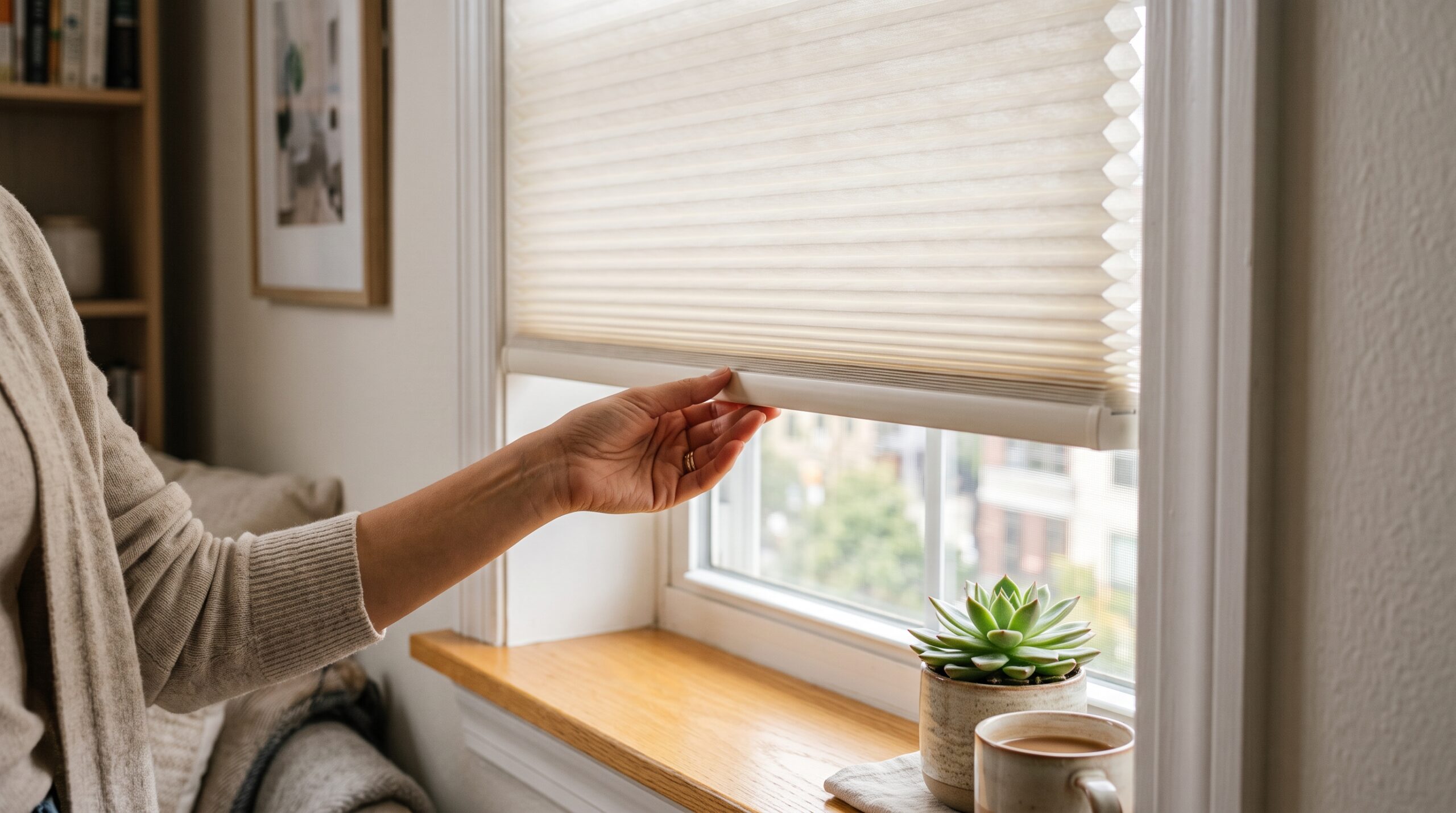 Hand raising a cordless cream honeycomb cellular shade tension-mounted inside a small apartment window frame with no drilling