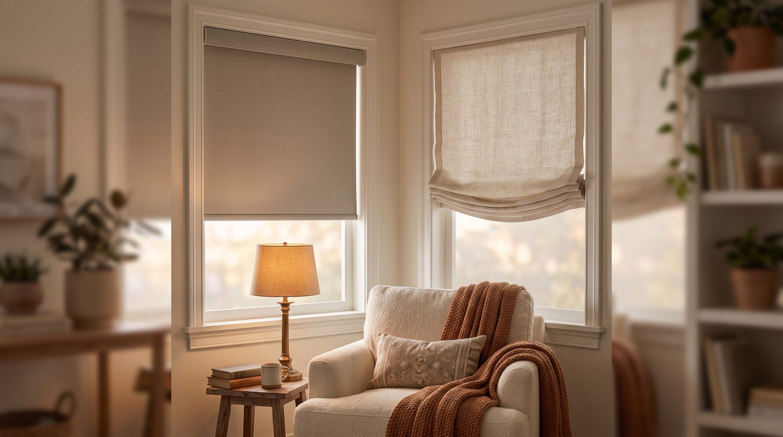 Cordless blackout roller shade and soft fabric roman shade on small apartment windows mounted with no-drill adhesive brackets
