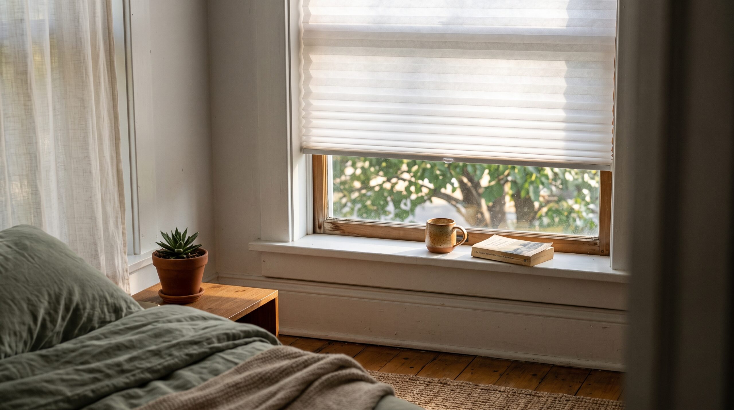 Temporary peel-and-stick pleated paper shade trimmed to fit and half lowered on a small rental bedroom window