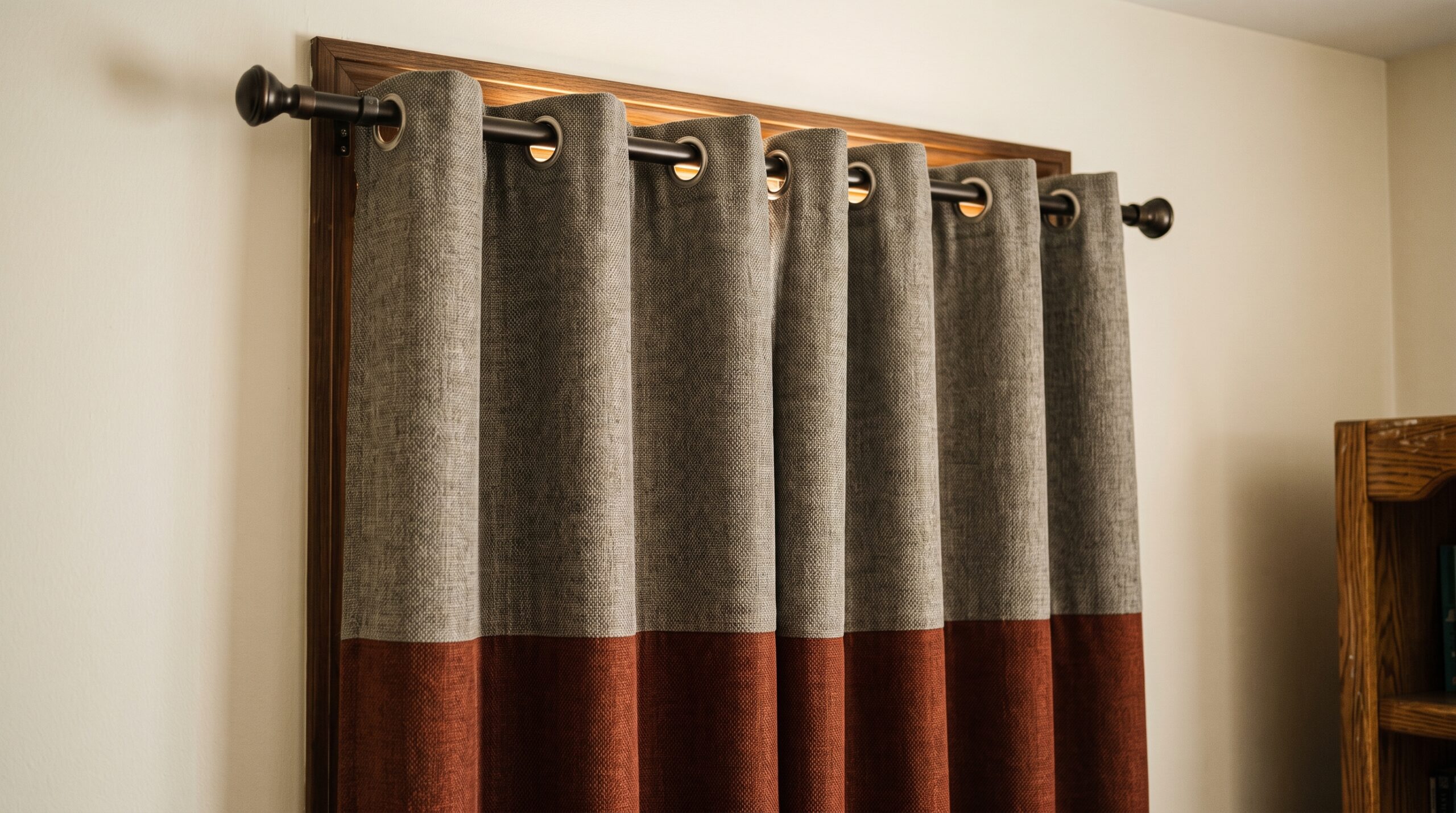 Thermal blackout curtain panels with grommet tops blocking light over a small bedroom window