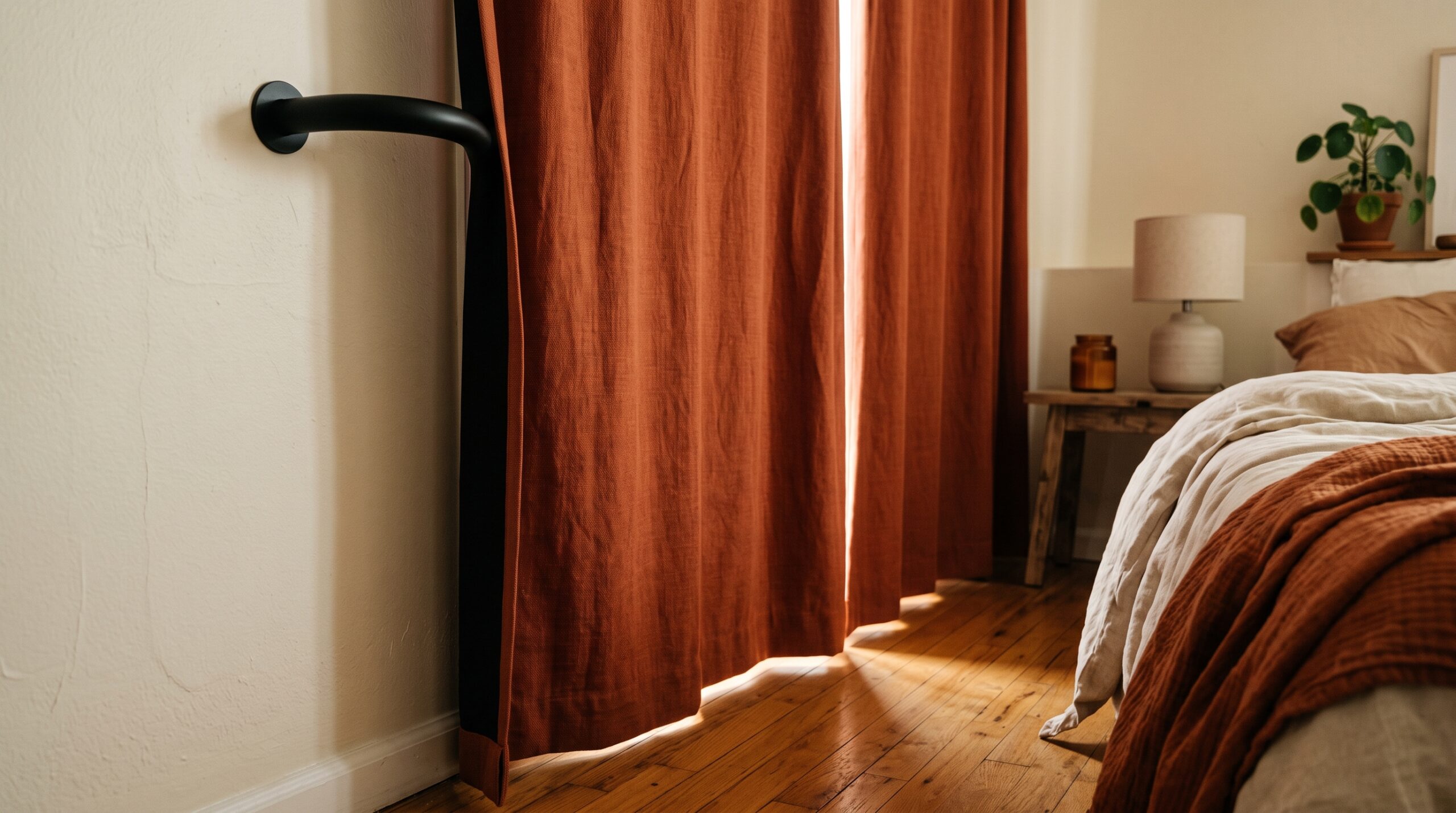 Wraparound curtain rod sealing a blackout curtain against the wall to stop side light gaps