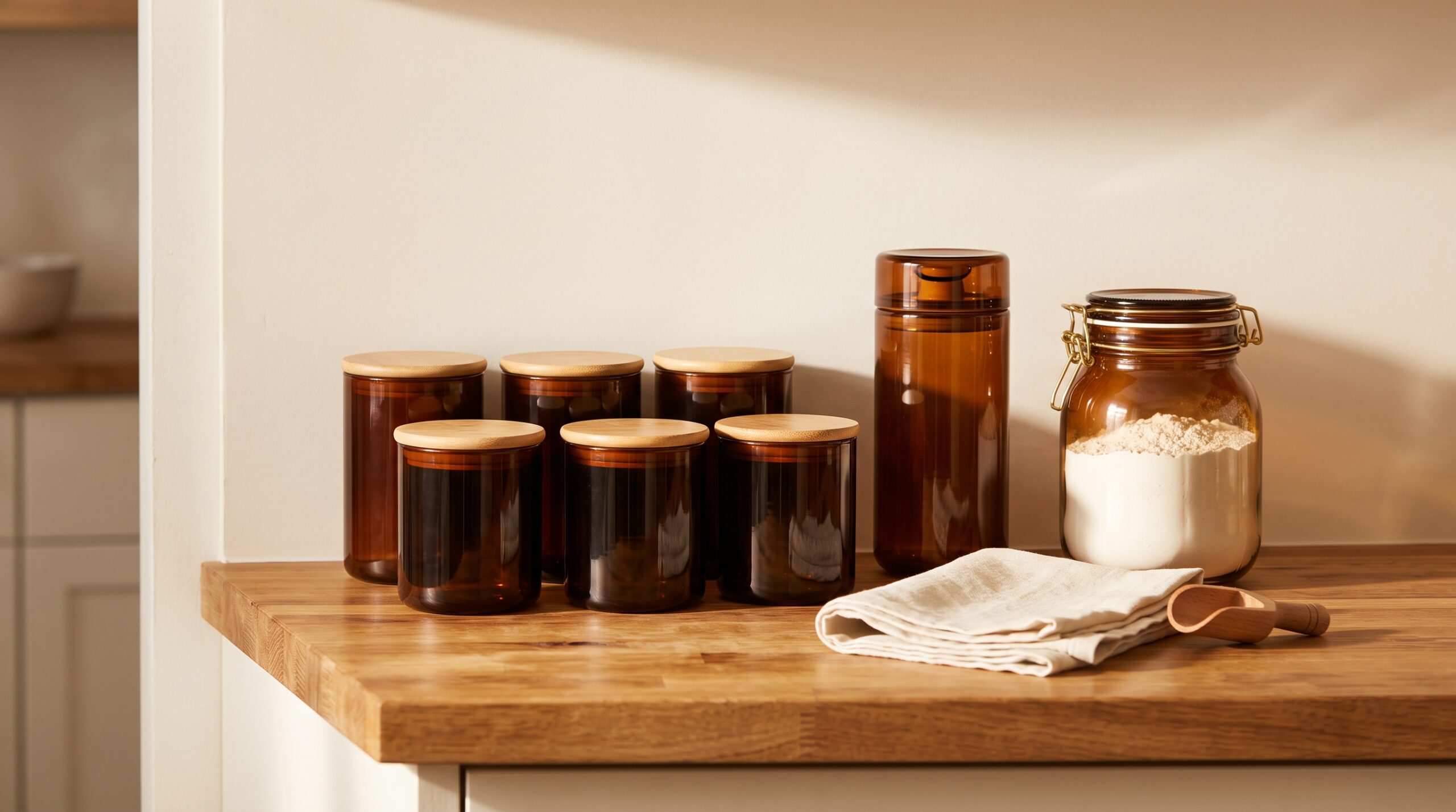 Amber glass counter canisters with bamboo lids beside an amber coffee canister and a large wire-clip amber flour jar on a wood kitchen counter