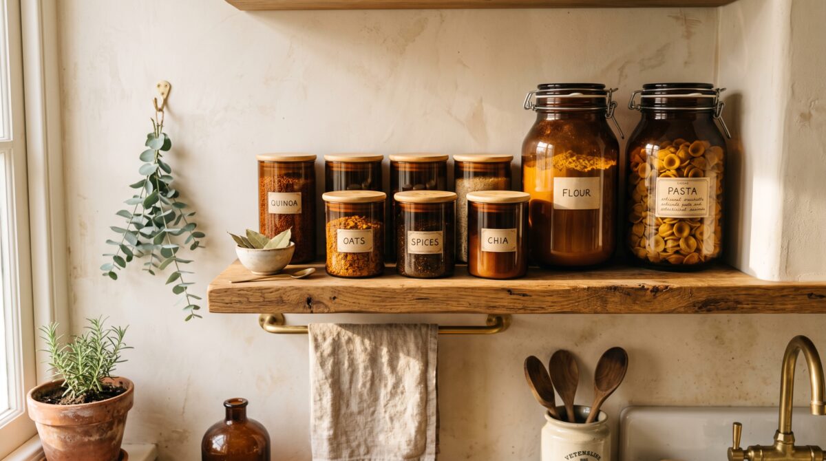 Small kitchen open wood shelf lined with matching dark amber glass apothecary jars with bamboo and wire-clip lids