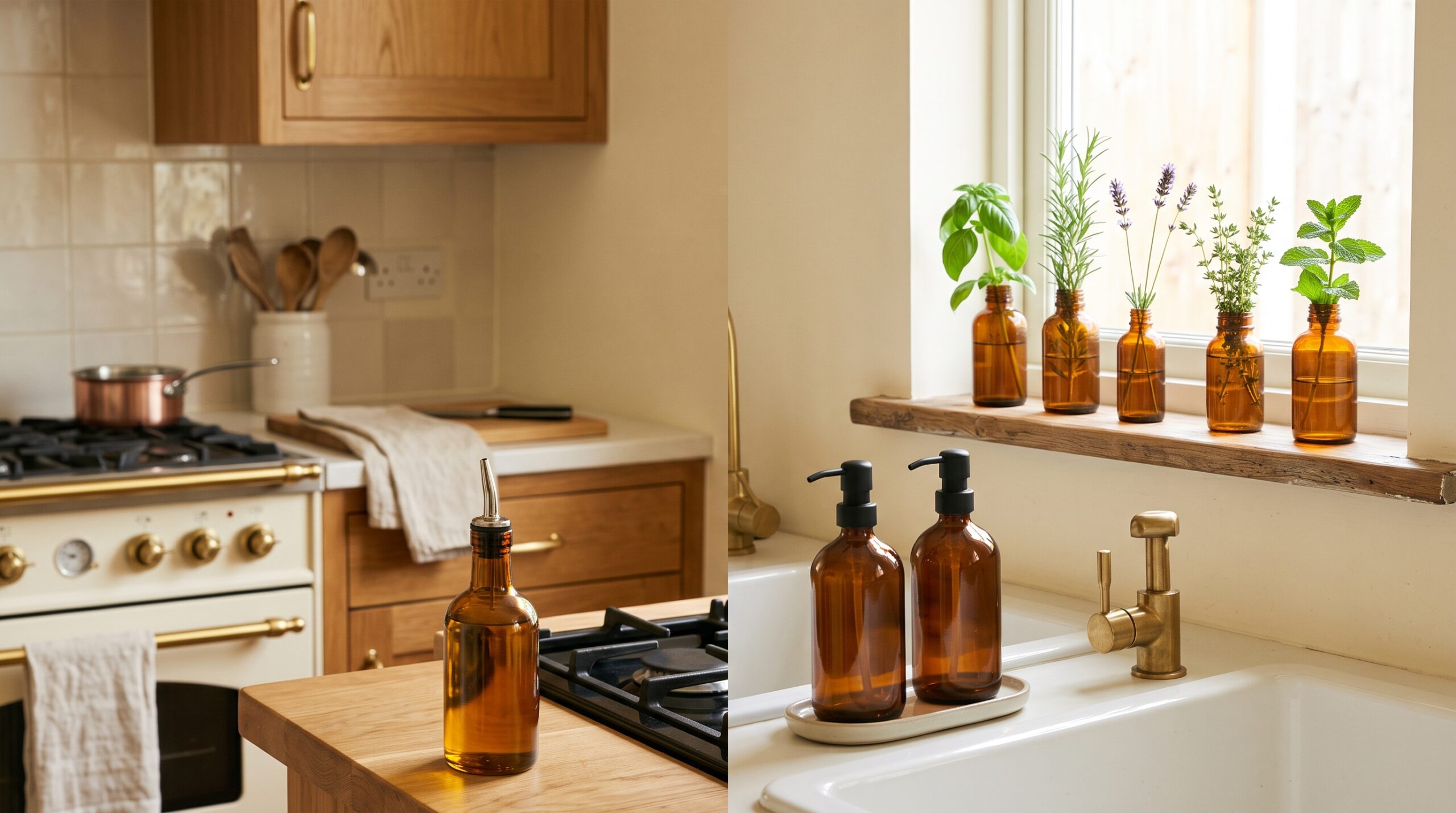 Amber glass olive oil cruet, a soap dispenser duo with black pumps, and small amber bottles holding herb stems in a small kitchen