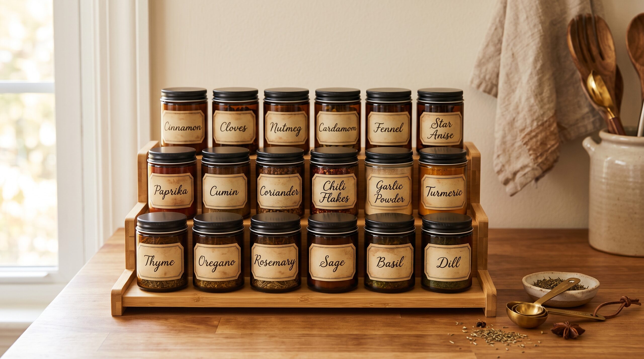 Row of amber glass spice jars with black metal lids and vintage apothecary labels on a three-tier bamboo riser shelf