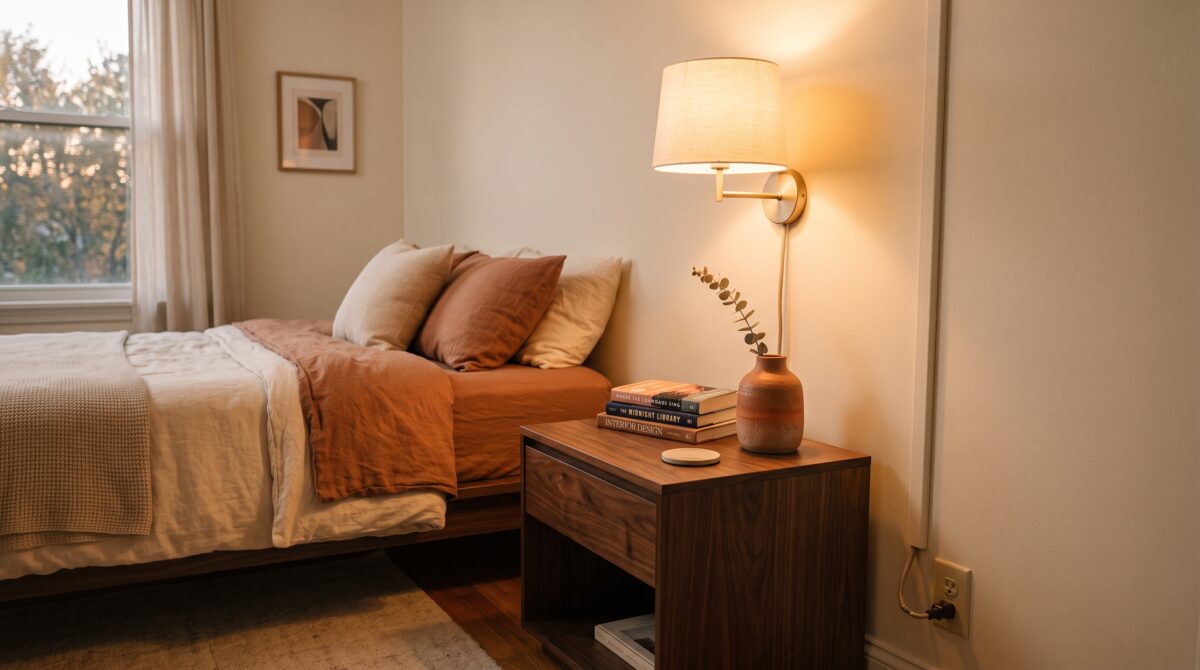 Warm plug-in wall sconce mounted beside a bed in a small apartment bedroom