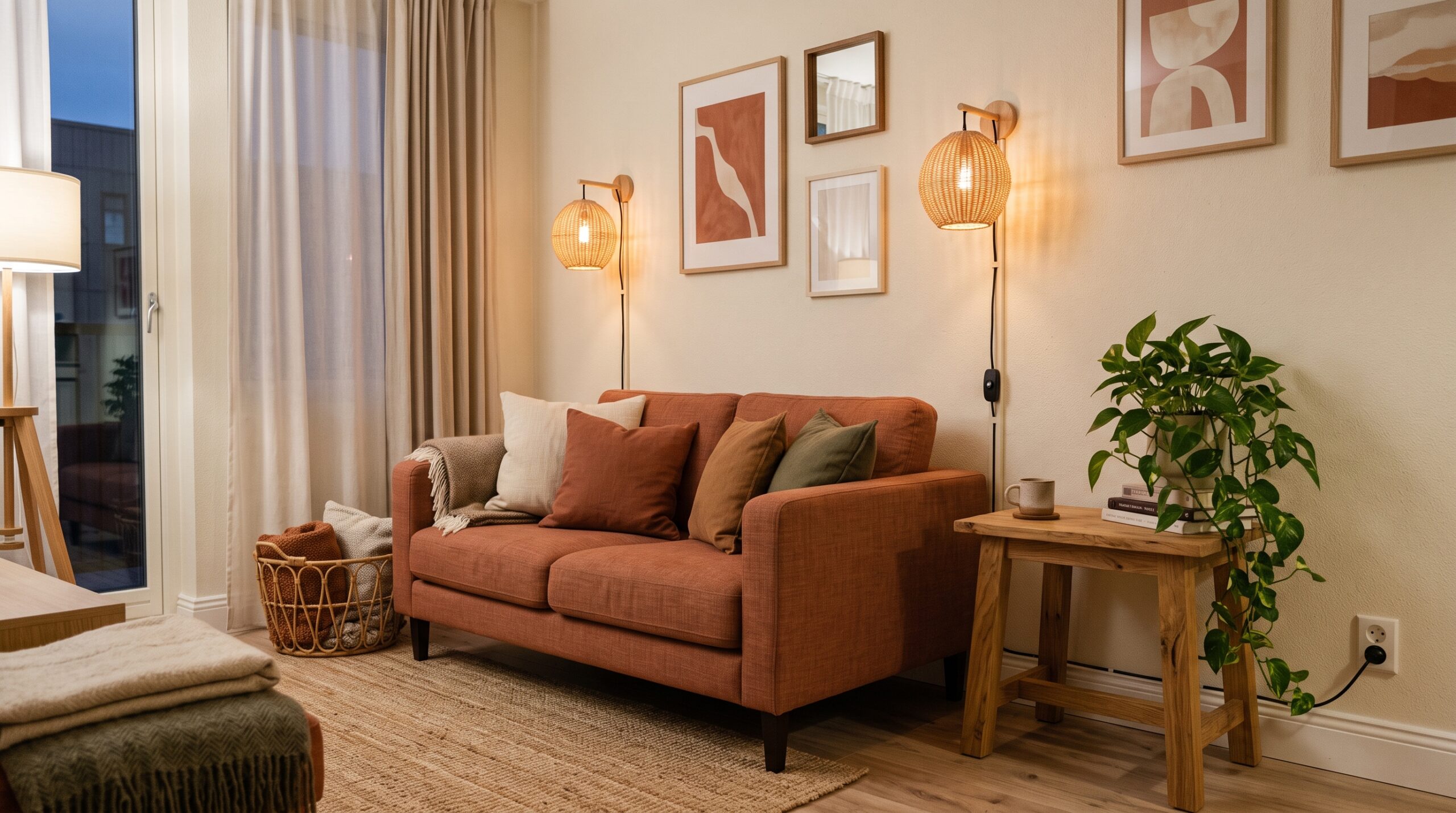 Pair of plug-in rattan wall sconces above a small sofa with the cord run in a raceway
