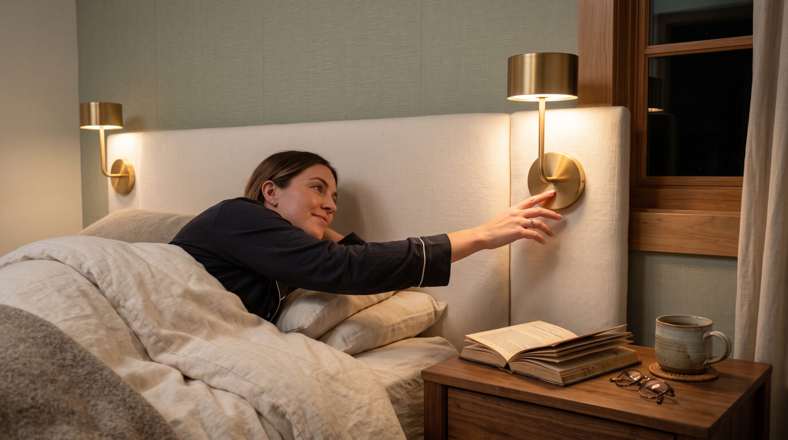 Cordless battery brass wall sconces stuck beside a bed with no visible cords