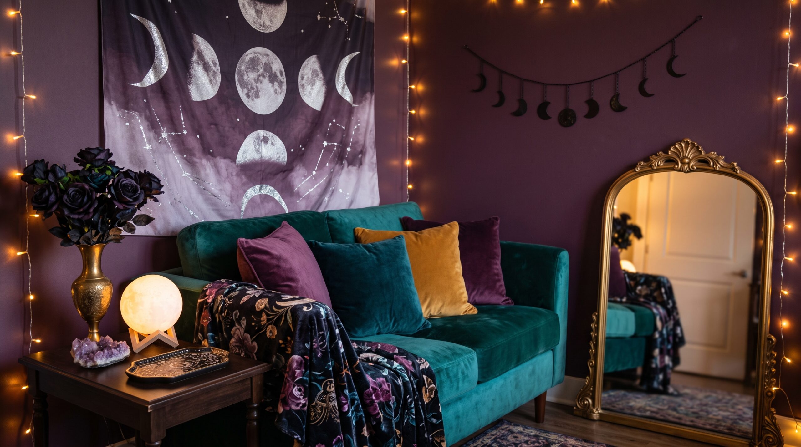 Small apartment corner styled in moody whimsigoth decor with jewel-tone velvet, a moon-phase tapestry, amethyst crystals, an arched gold mirror and warm string lights, one example of a committed small-space aesthetic