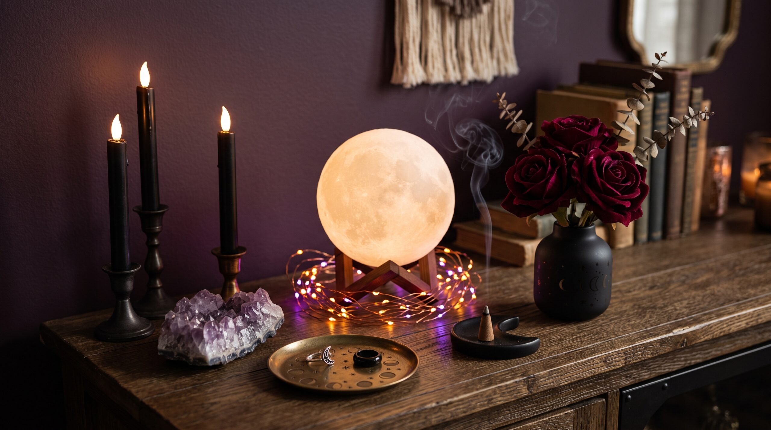 Whimsigoth tabletop altar vignette with a glowing moon lamp, black flameless taper candles, an amethyst geode, a celestial trinket tray, a moon incense holder and dark red faux roses