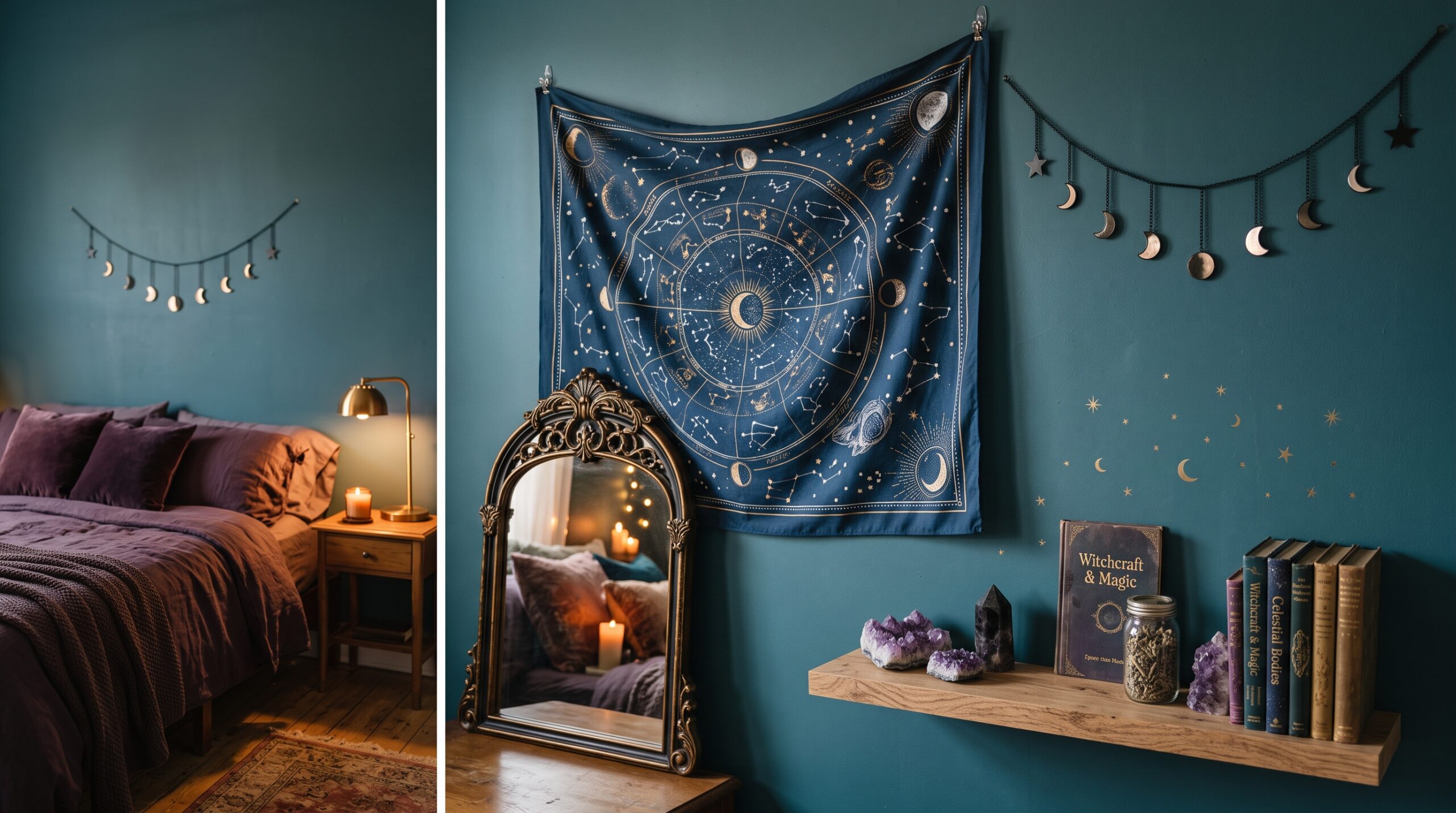 Renter-friendly whimsigoth accent wall with a celestial moon-phase tapestry, a black metal moon-phase garland, and an arched ornate gold mirror against a deep teal wall