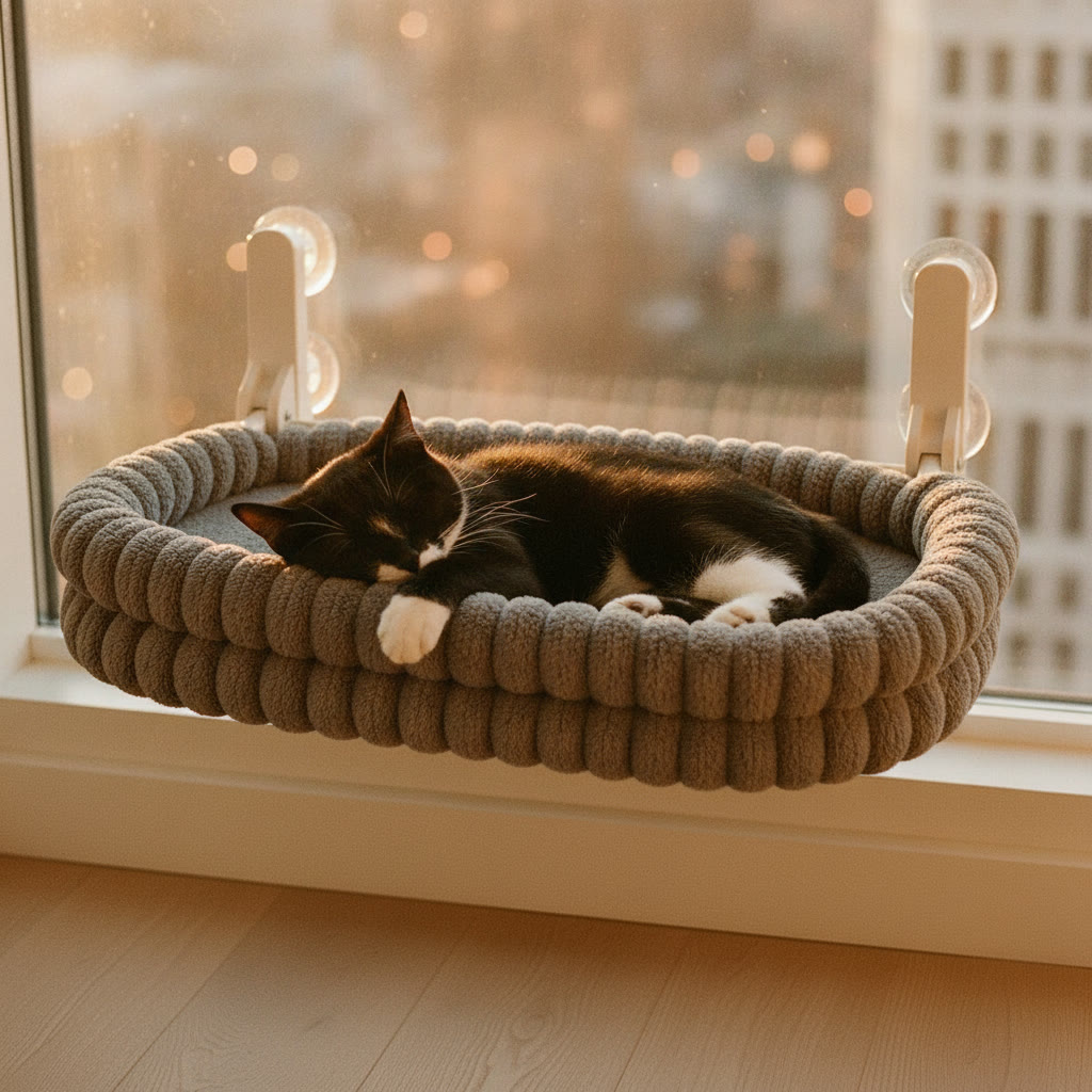 A cat asleep in the Bask Window Bed in warm late-afternoon sun