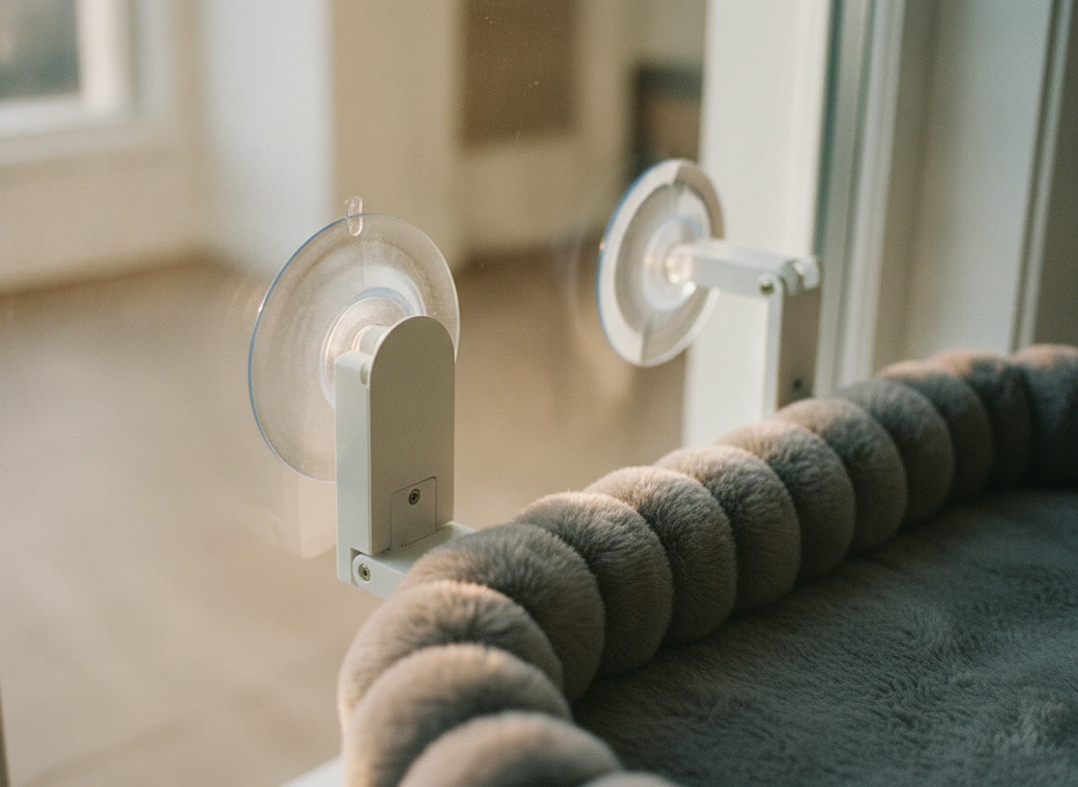 Macro detail: a folding bracket pressing its suction cups flat against the window glass