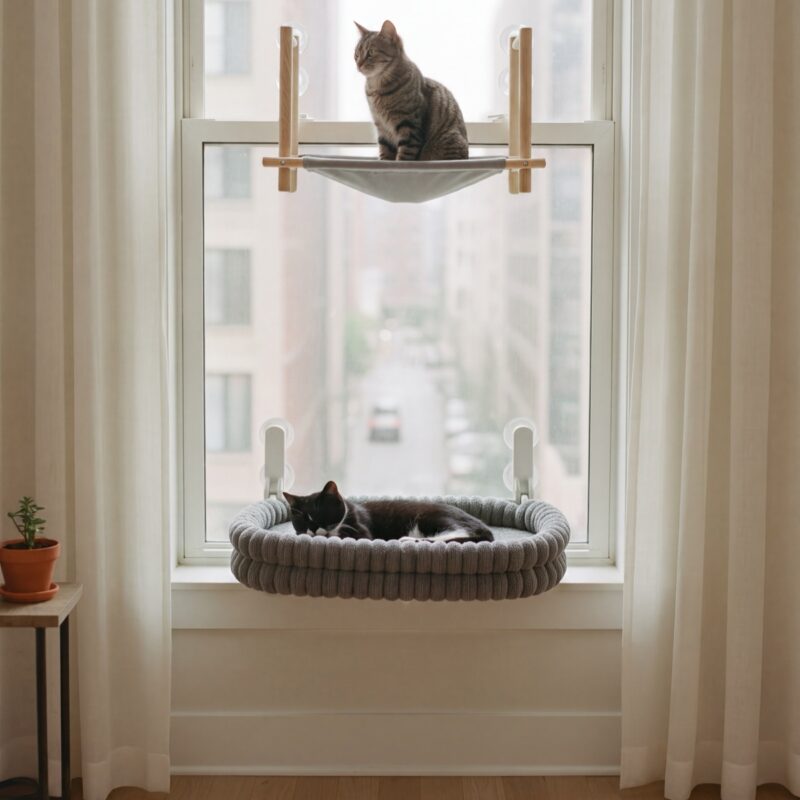 The Territory Set: Bask Window Bed and Vantage Window Hammock on one tall window with two cats