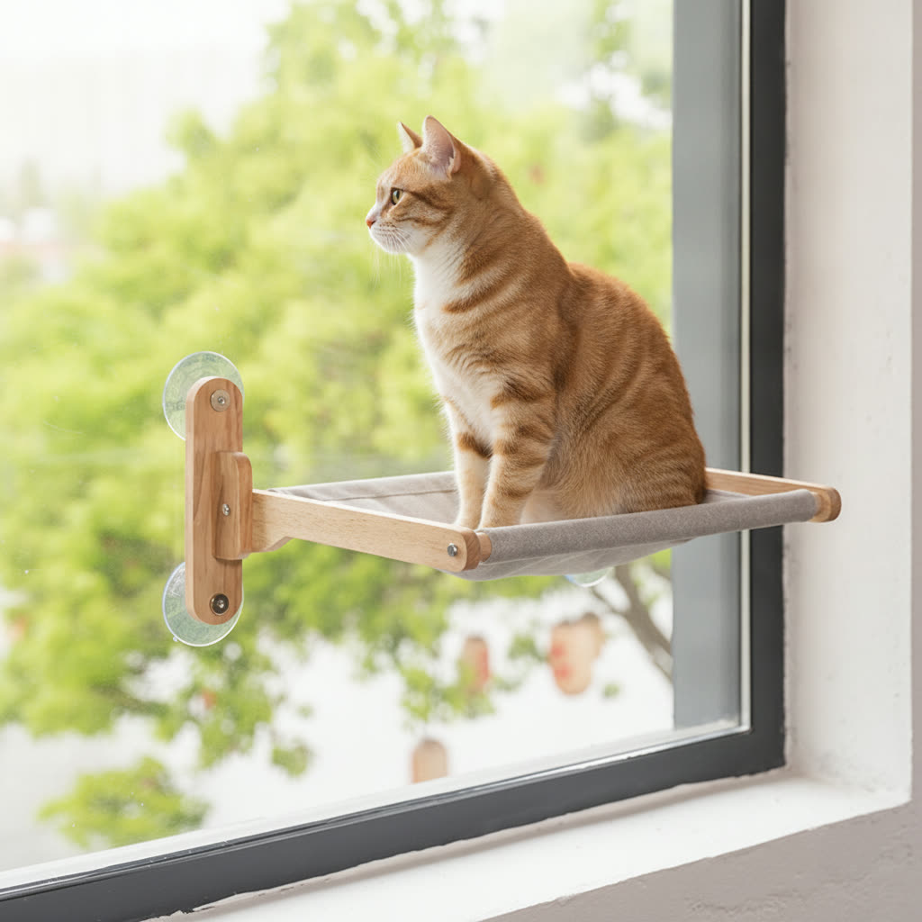 Vantage Window Hammock side view with a cat keeping watch