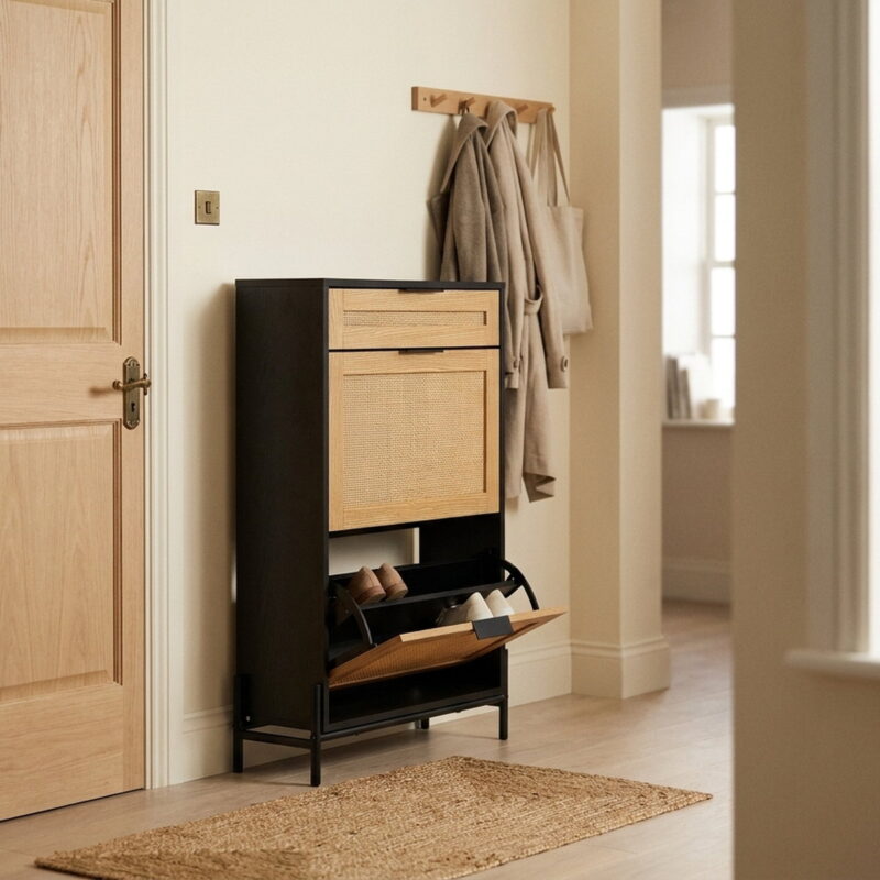 Rattan Shoe Cabinet, styled in a small apartment