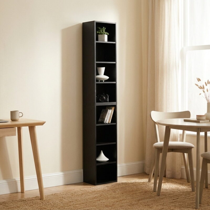 8-Tier Media Tower Rack, styled in a small apartment