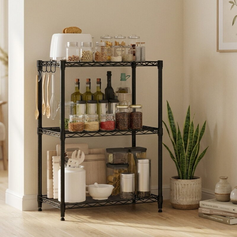 3-Tier Industrial Bookshelf With Anti-Falling Guardrails, styled in a small apartment