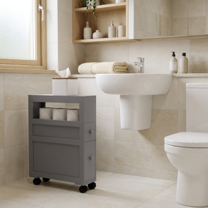 Space Saving Narrow Bathroom Storage Cabinet, styled in a small apartment